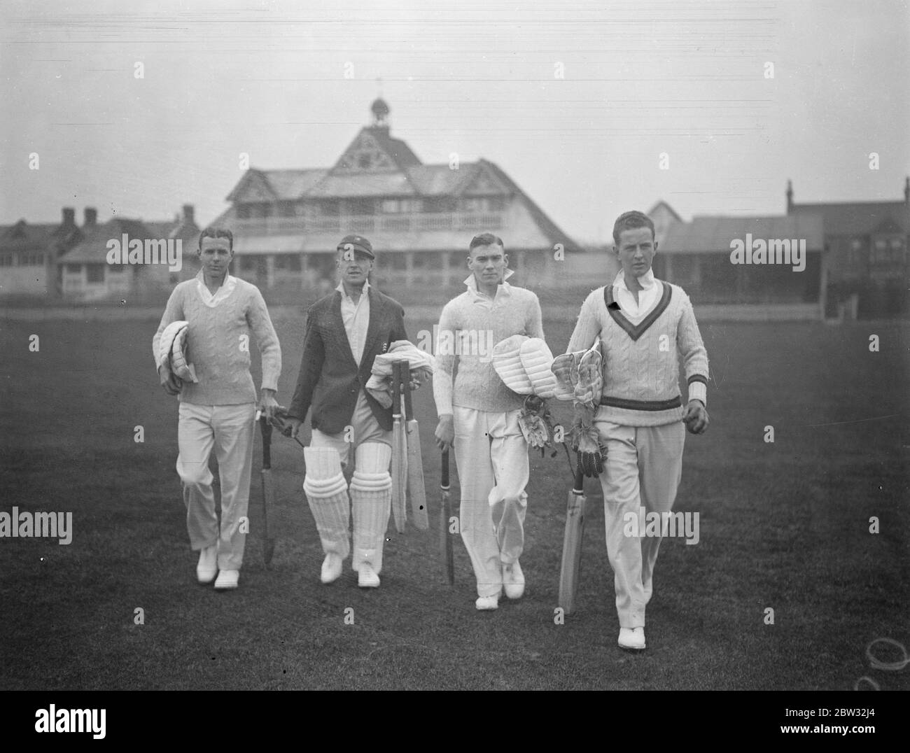 Essex County Cricket Club practice opens at Leyton . The Essex County Cricket Club began their practice for the coming season at Leyton , Essex . Left to right : Taylor , Pepo , Evans and Wade going out for the first practice of the season at Leyton . 25 April 1932 Stock Photo