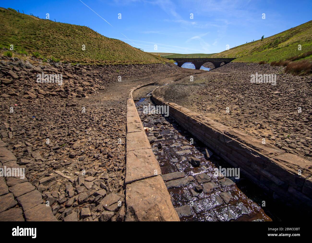 Dry conditions at Dowry Reservoir in Oldham as some regions are on course for the driest May on record. Stock Photo