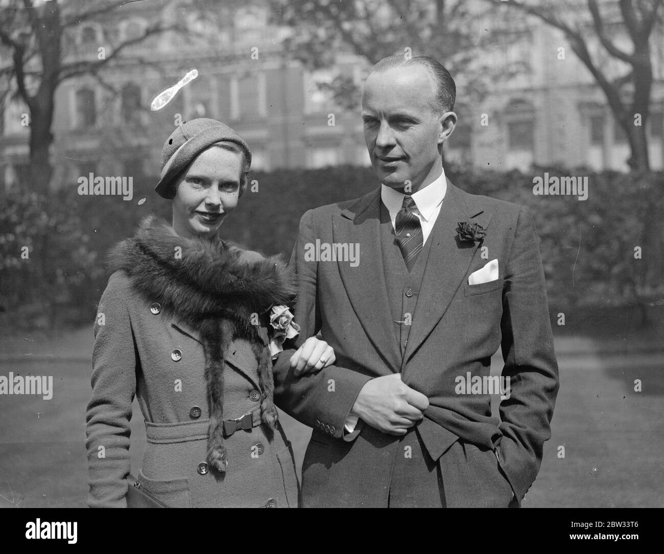 Colonel Leonard Ropner M C , MP engaged . The engagement is announced between Colonel Leonard Ropner M C , MP for the Barkston Asg Division of West Riding , Yorkshire , to Miss Esme Bruce Robertson , daughter of Mr and Mrs Bruce Robertsoin of Kensington . Colonell Leonard Ropner M C , MP , with his fiancee . 10 May 1932 Stock Photo