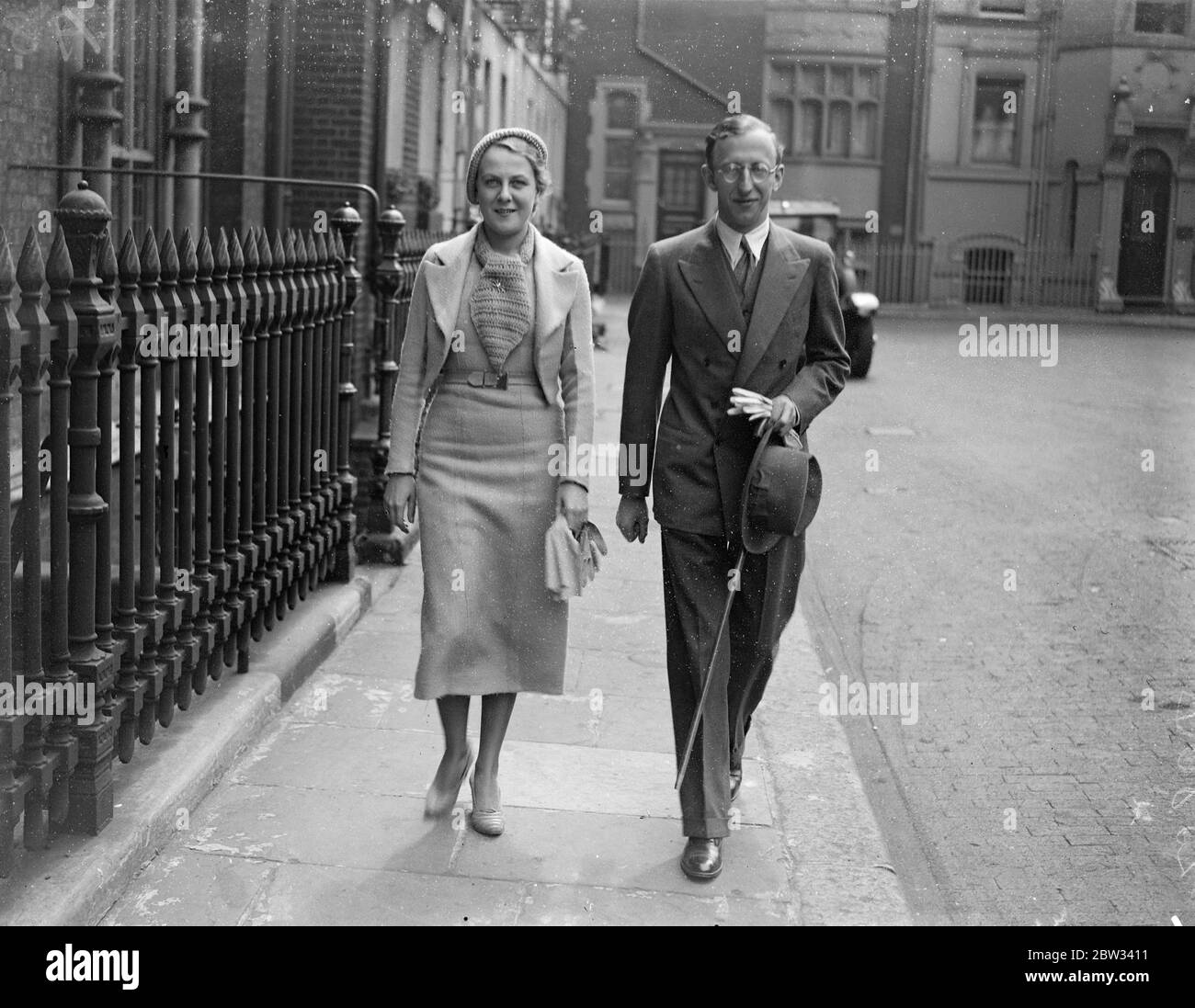 Surprise wedding of Prince and Countess in London . Prince Leopold of Lowenstein Wertheim Freudenberg was married quietly at the Princes row register office in London to the 18 year old Countess Biance von Treuberg of Austria . They will be married at a church in Munich on July 6 . After the wedding they drove to the home of the Prince in Arlington Street , London , where they will stay until their departure to Germany . the Prince and Princess out walking after their wedding in London . 22 June 1932 Stock Photo