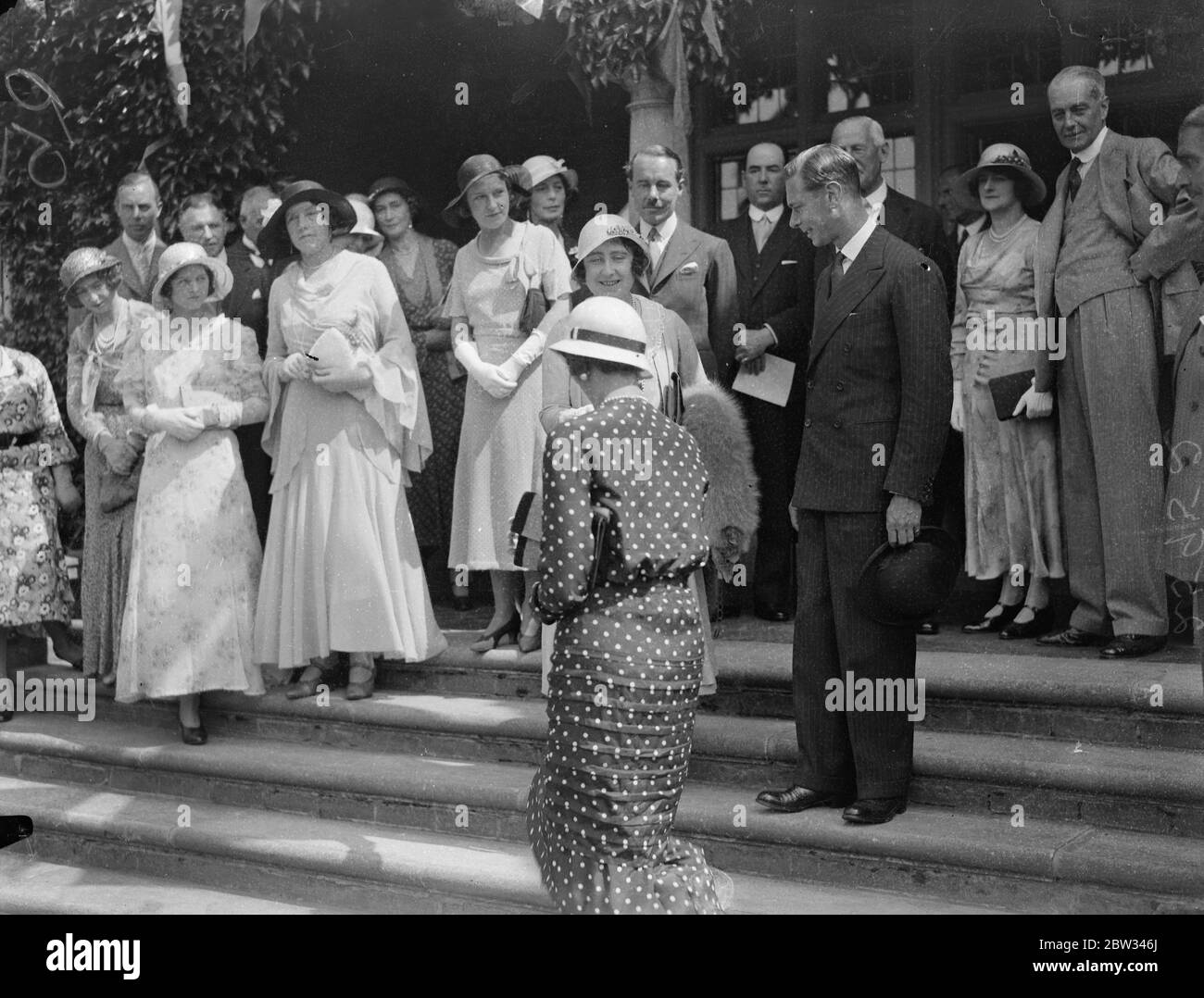 Duke and Duchess of York visit war victims industrial centre in Surrey . The Duke and Duchess of York paid a visit to the Ex services welfare Society ' s Industrial Centre at Leatherhead , Surrey . The Duchess of York being received by the Marchioness of Carisbrook on arrival . 27 June 1932 Stock Photo