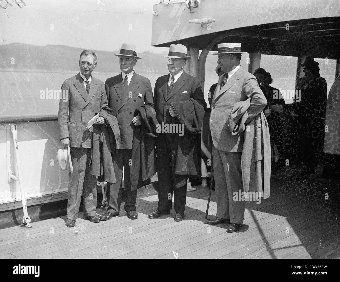 American delegation to World Economic Conference arrive . Mr Cordell Hull , the American Secretary of State accompanied by Senator Key Pittman , representatives Sam D McReynolds , Chairman of the House of Foreign Affairs Committee and Mr Ralph Morrison of Texas - four of the American delegates to the World Economic Conference to be opened by the King on Monday arrived at Plymouth in the liner ,  President Roosevelt  . Left to right , Senator Key Pittman , Mr Cordell Hull . Representative Sam D McReynolds and Mr Ralph Morrison , on board the  President Roosevelt  at Plymouth . 8 June 1933 Stock Photo