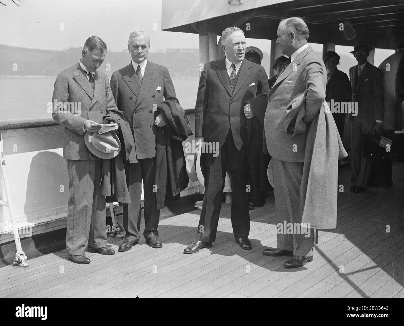 American delegation to World Economic Conference arrive . Mr Cordell Hull , the American Secretary of State accompanied by Senator Key Pittman , representatives Sam D McReynolds , Chairman of the House of Foreign Affairs Committee and Mr Ralph Morrison of Texas - four of the American delegates to the World Economic Conference to be opened by the King on Monday arrived at Plymouth in the liner ,  President Roosevelt  . Left to right , Senator Key Pittman , Mr Cordell Hull . Representative Sam D McReynolds and Mr Ralph Morrison , on board the  President Roosevelt  at Plymouth . 8 June 1933 Stock Photo