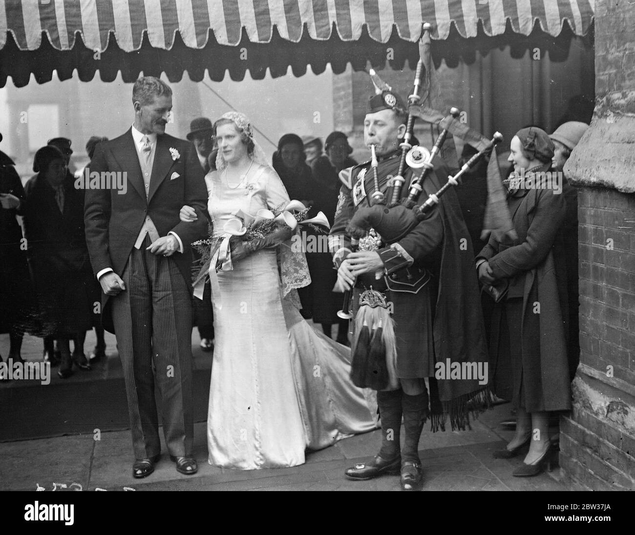 Pipers at wedding of Royal Scots Fusiliers Officer in London . 24 January 1934 Stock Photo