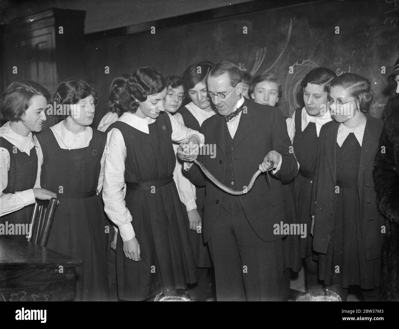 Schoolgirls buy a live python as a pet . Girls of the Trinity County School , , Wood Green , london were presented with a python as a pet , the reptile is three feet long but will probaly grow to six or seven feet in a few years . It was presented to them by Lieut Col R H Elliot , the distinguished eye specialist , the girls subscribed some of the cost among themselves and the boys have built a wooden cage for the snake . Photo shows Mrs Emrys Jones , wife of the Headmaster of Trinity County School , Woodgreen , a lover of snakes showing the girls how to hold it . 24 January 1934 Stock Photo