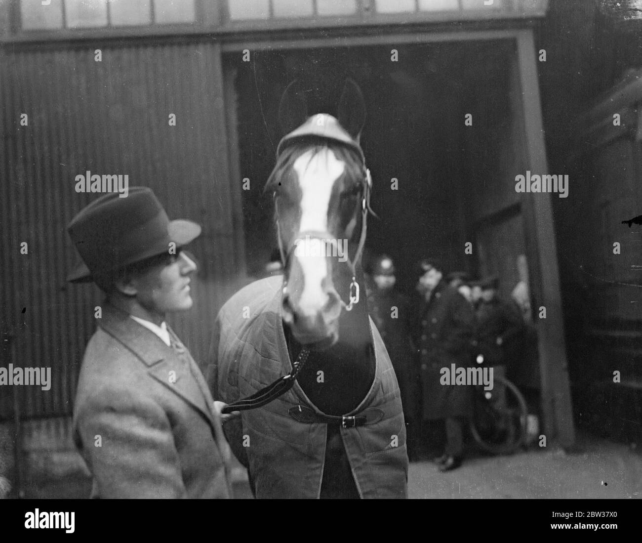 American contender for Ascot Gold Cup arrives - brought by Mr A C Bostwick . Mr A C Bostwick , the elder of the Bostwick brothers , who has ridden in Britain with success under National Hunt Rules arrived at Southampton aboard the  Berengaria  . He brought with him his Ascot Gold Cup horse ,  Mate  .  Mate  has won many of the important races in America and is considered one of the best horses sent to Britain from the States during the last decade . Photo shows ; Mr A C Bostwick with  Mate  on arrival at Southampton . 22 December 1933 Stock Photo