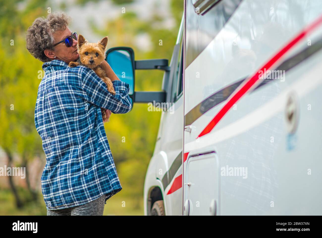 Retired Woman on the Road Trip with Her Small Breed Australian Silky Terrier Dog. Class C Motorhome. Summer Vacation. Stock Photo