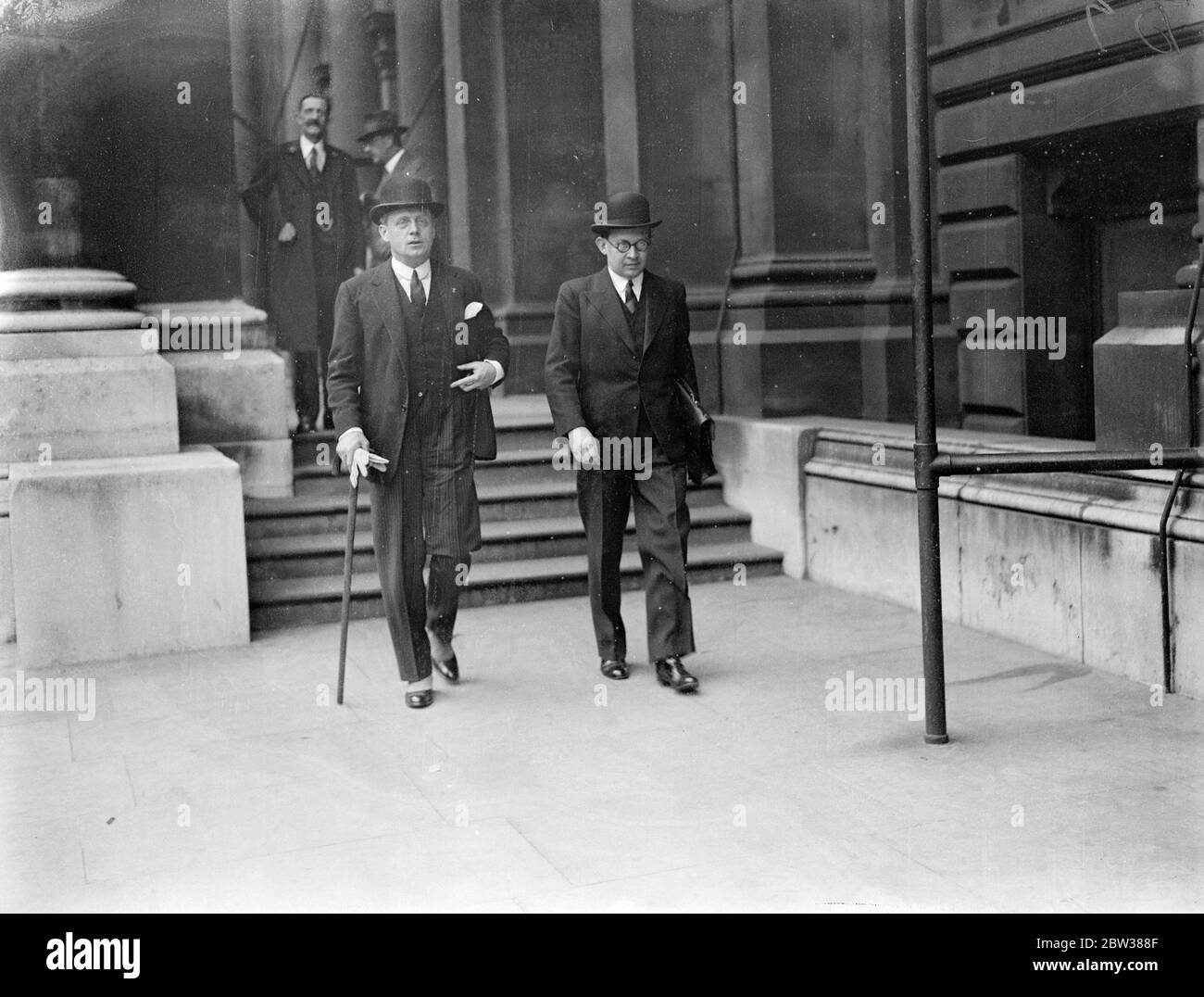 Hitler ' s envoy at the Foreign Office . Herr Joachim von Ribbentrop , Hitler ' s personal envoy , visited the Foreign office in London to see Sir John Simon and try to discover whether there is any solution of the disarmament difficultes . Photo shows , Herr von Ribbentrop leaving the Foreign Office . 10 May 1934 Stock Photo