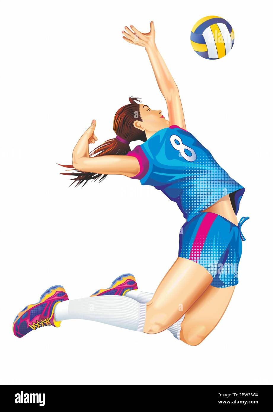 Female Professional Volleyball Player Jump Isolated on White Detailed Illustration. Team Sports Theme. Stock Photo