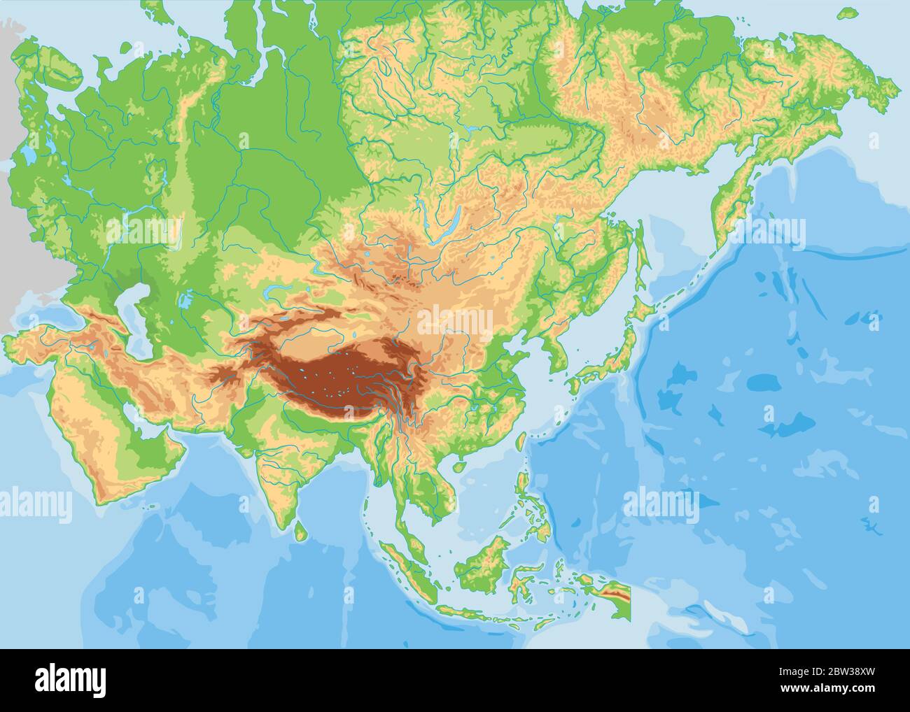 High detailed Asia physical map. Stock Vector