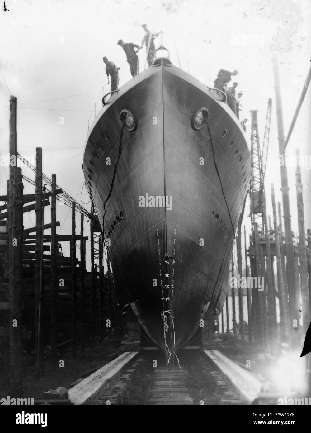 New HMS Grafton (H89) a G-class destroyer launched by Lady Barrie at Messrs Thorneycroft's yards at Woolston near Southampton . Photo shows her sliding down slipway at the launch . 22 July 1935 Stock Photo