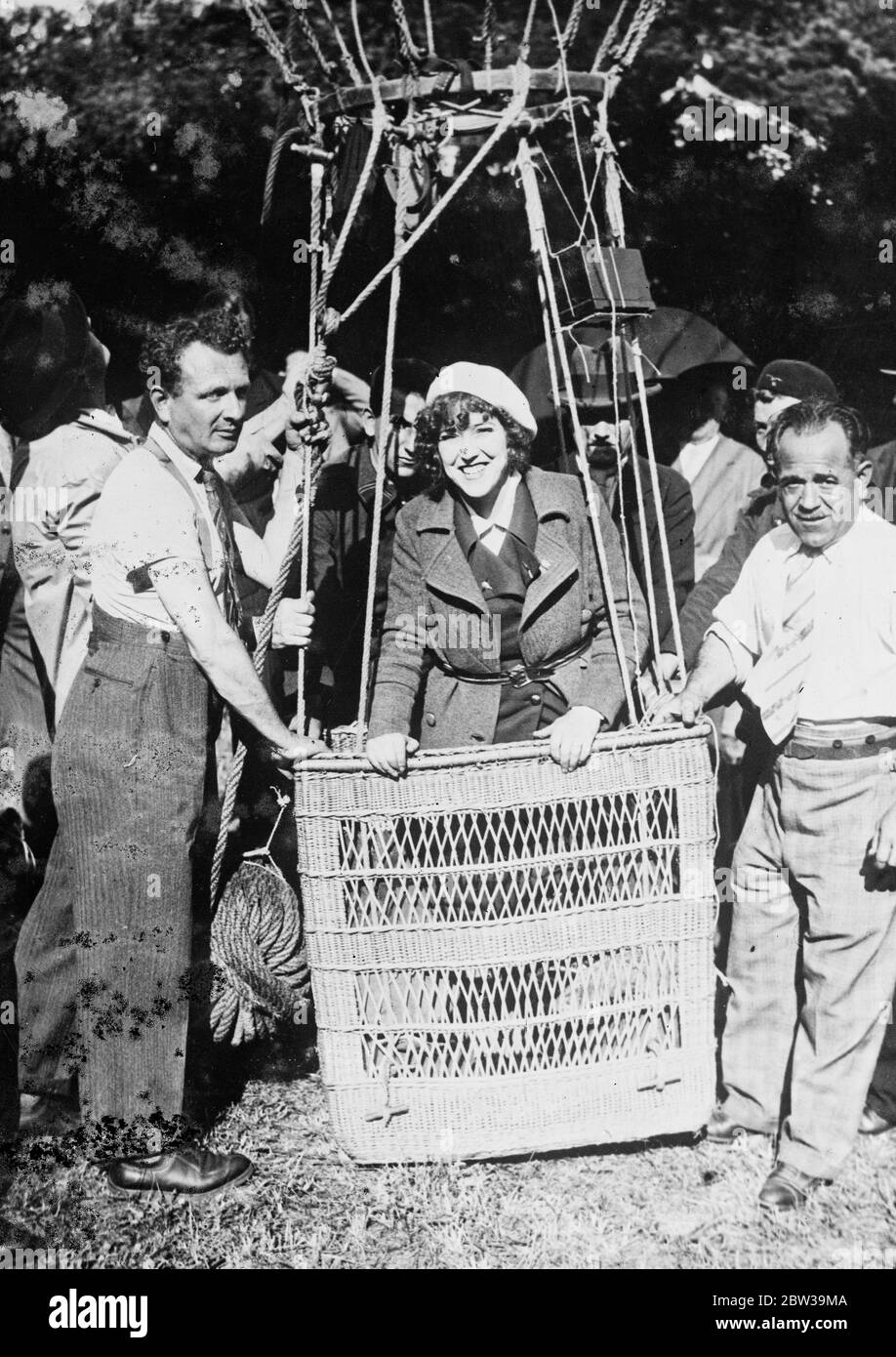 Only woman in big balloon race . Madame Weber in the basket of her balloon at the start of the race near Paris . 22 July 1935 Stock Photo