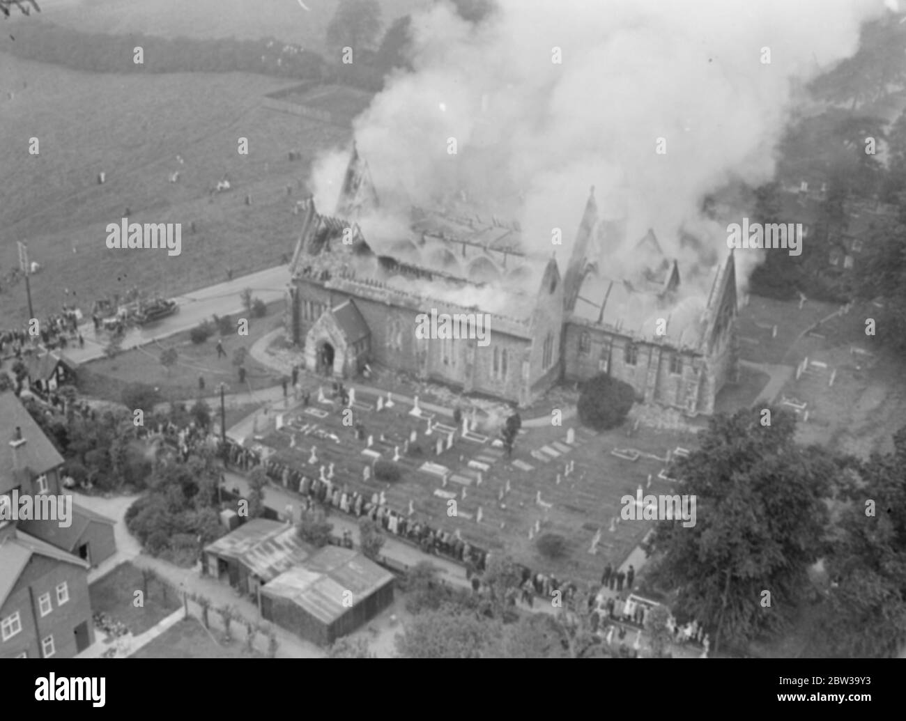 Bishop Stortford church completely destroyed by fire . Fire brigades hampered by water shortage . 21 June 1935 Stock Photo