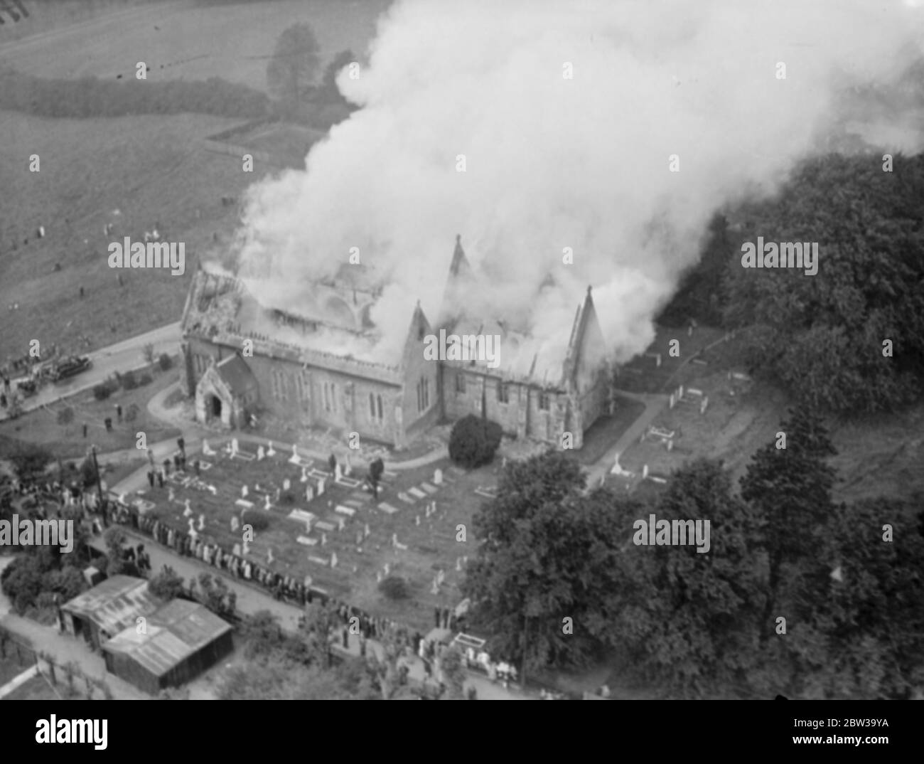 Bishop Stortford church completely destroyed by fire . Fire brigades hampered by water shortage . 21 June 1935 Stock Photo
