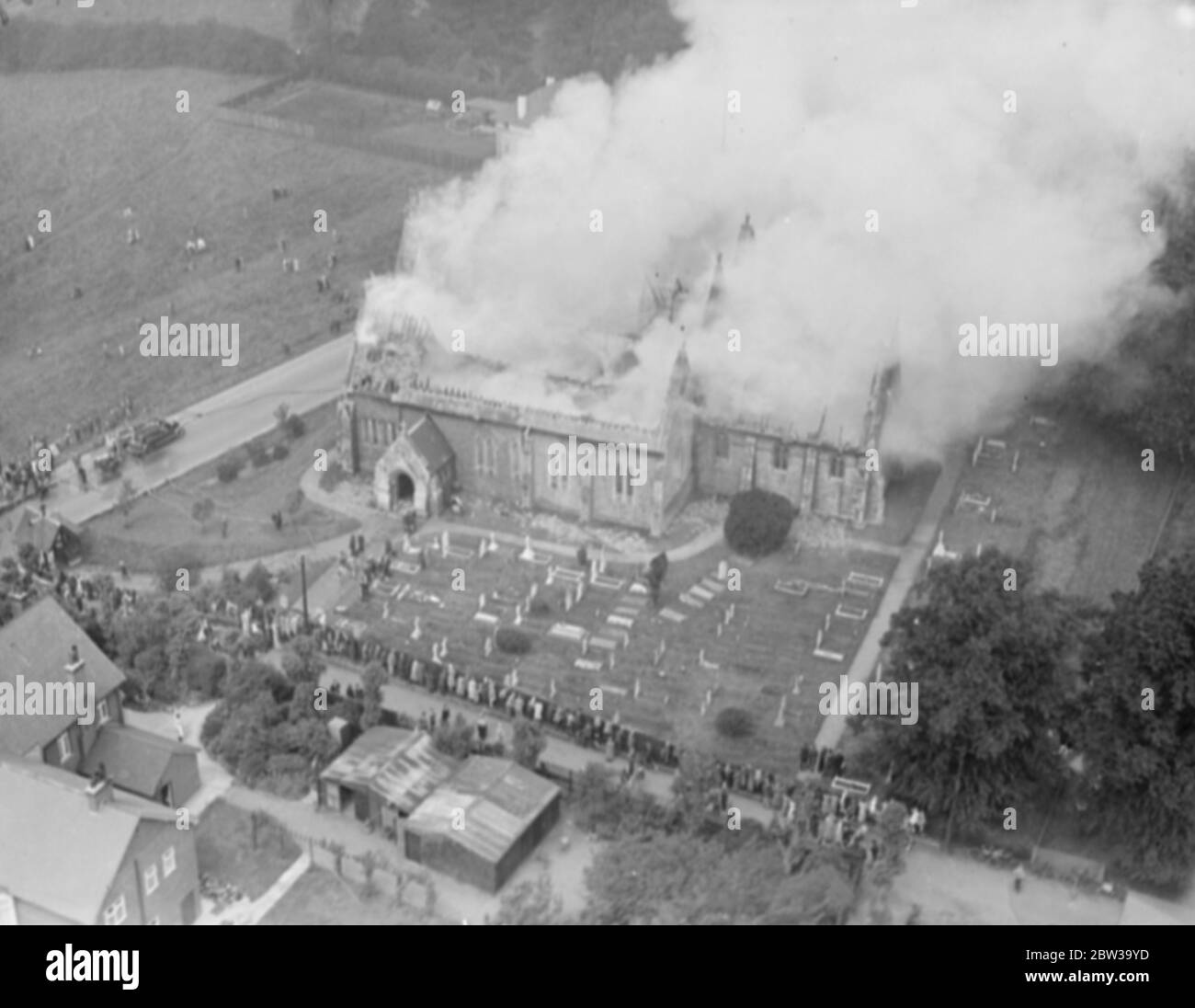 Bishop Stortford church completely destroyed by fire . Fire brigades hampered by water shortage . 21 June 1935 Stock Photo