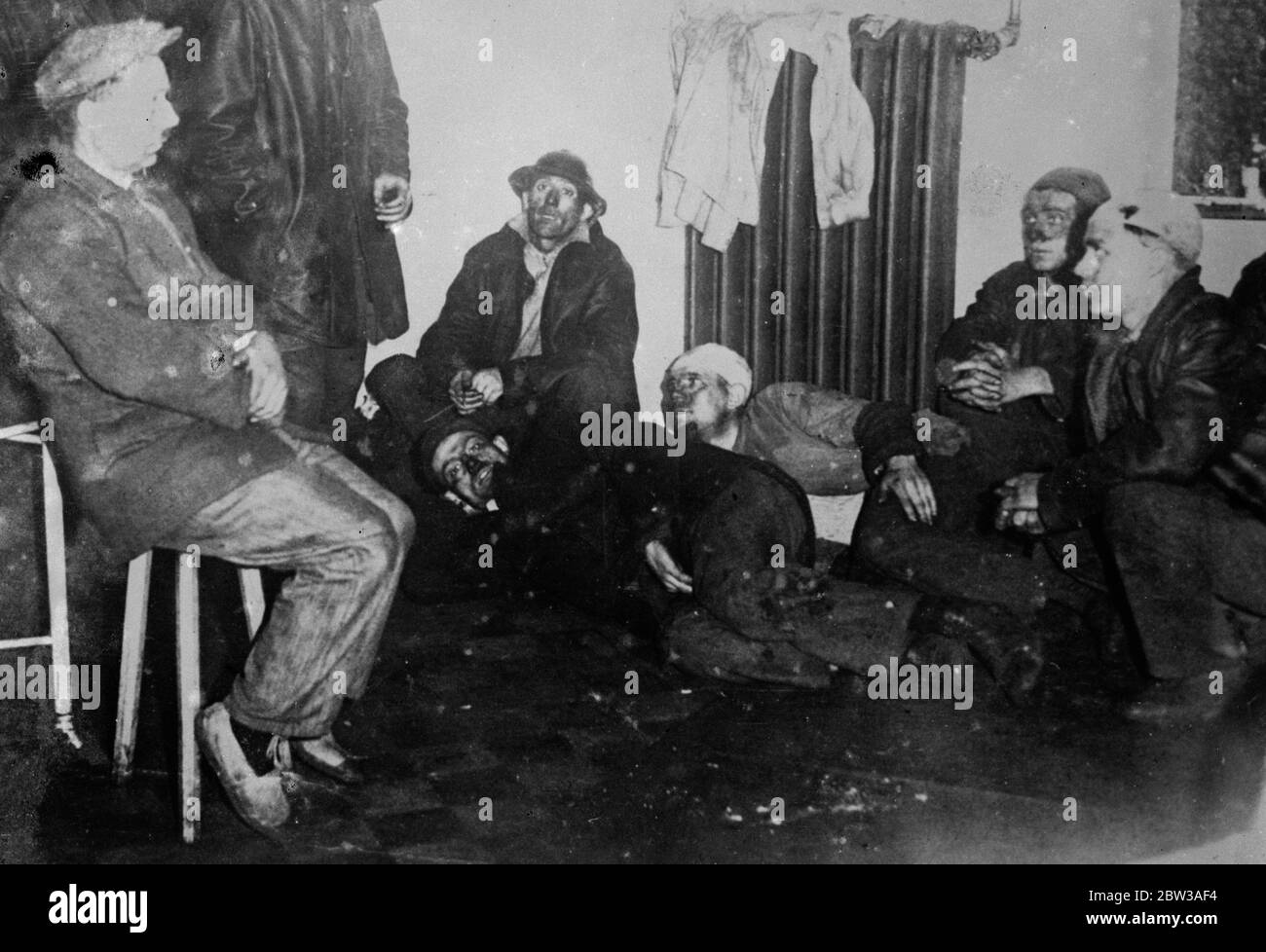 43 perish in Belgian mine disaster . Forty three men entomed when a disastrous explosion occured in a coal mine near Paturages , Belgium . The explosion occured in a gallery 2 , 700 feet underground . After the accident the mine was sealed . Photo shows survivors after the disaster . 17 May 1934 . Stock Photo