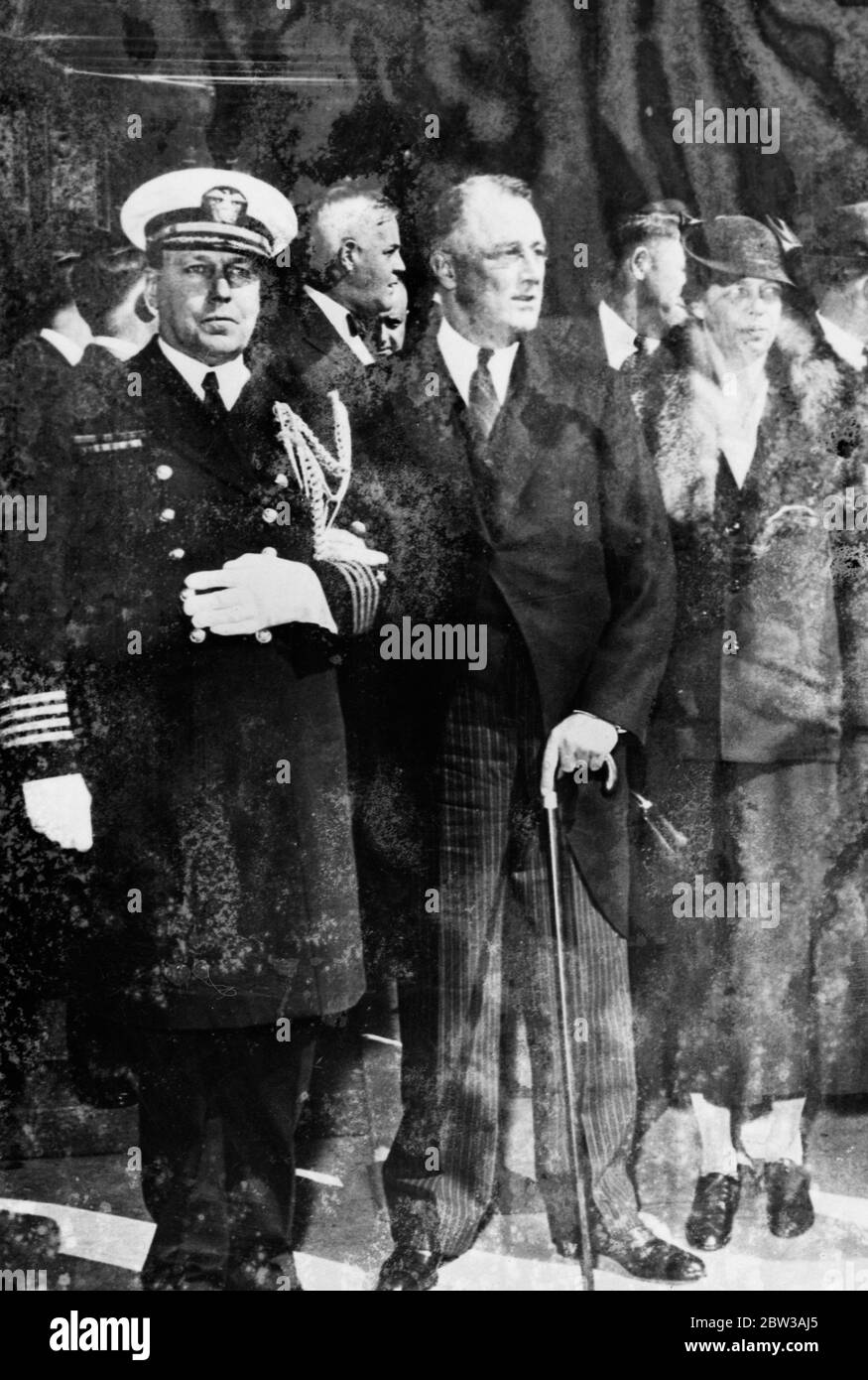 High officials and Presidents pay last tribute at Woodin funeral. High governmental officials and President and Mrs Roosevelt attended the funeral of William Woodin , former secretary of the Treasury at the Fifth Avenue Presbyterian Church , New York . Photo shows President and Mrs Roosevelt and Colonel Fred Watson military aide ( left ) . 5 May 1934 Stock Photo