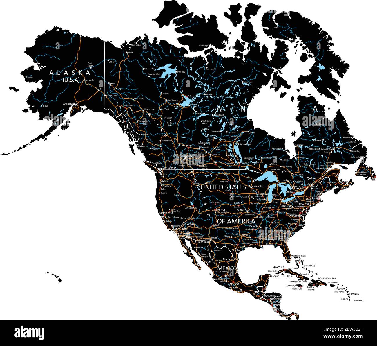 High detailed North America road - High Detailed North America Road Map With Labeling Black Clearly Labeled On Separated Layers 2BW3B2F