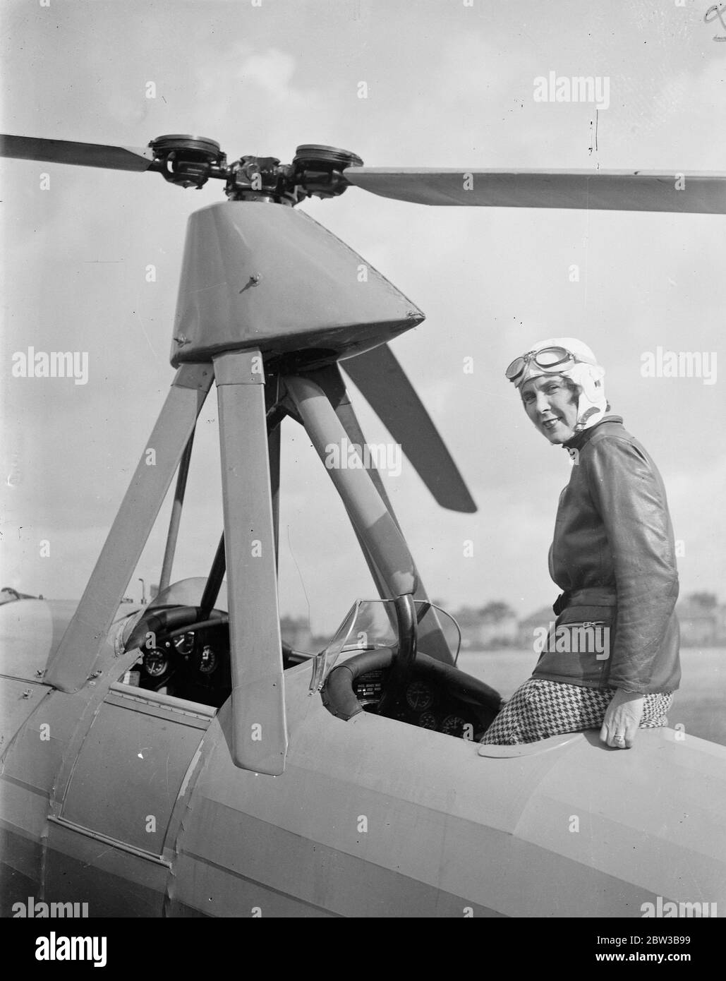 Hon Mrs Victor Bruce learns to fly in an autogyro . 9 October 1934