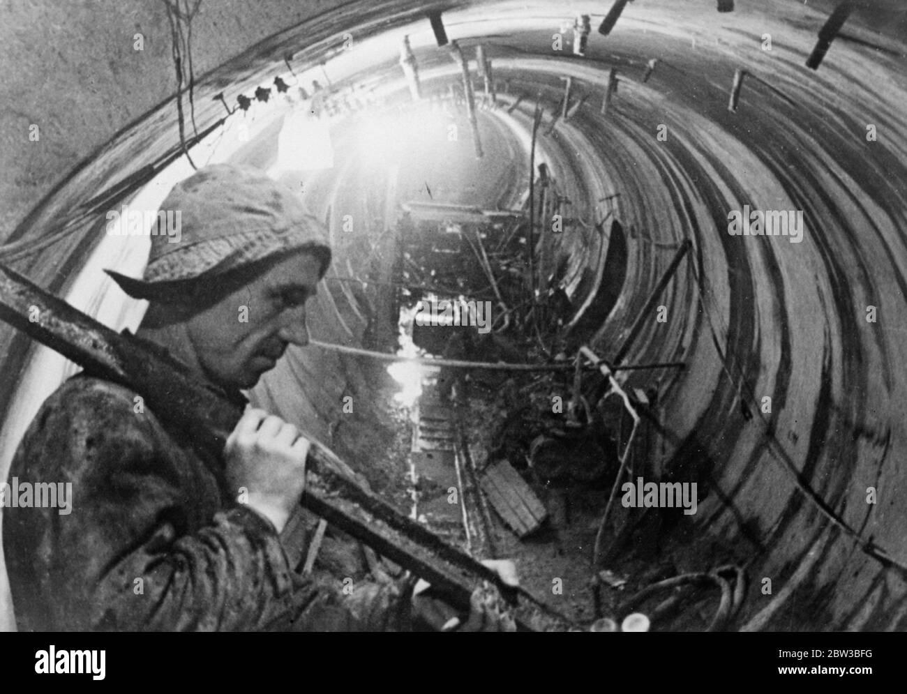 Underground rail in two track tunnel in Moscow , Russia . 14 October 1934 Stock Photo