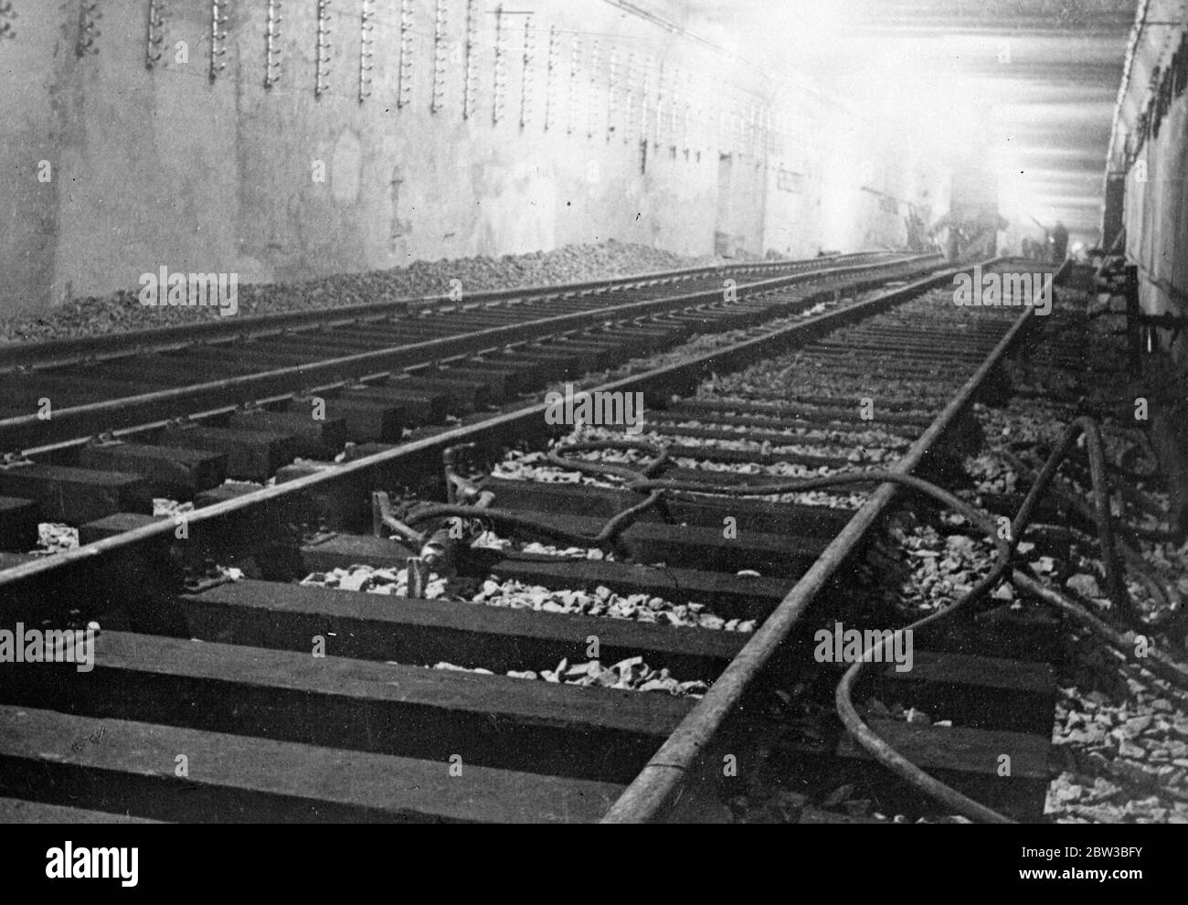 Underground rail in two track tunnel in Moscow , Russia . 14 October 1934 Stock Photo