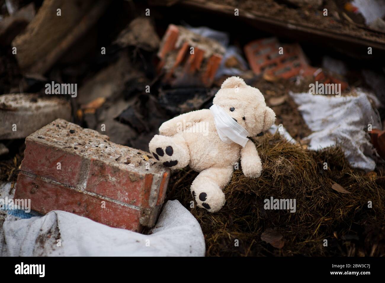 teddy bear in a medical mask lies in the trash Stock Photo