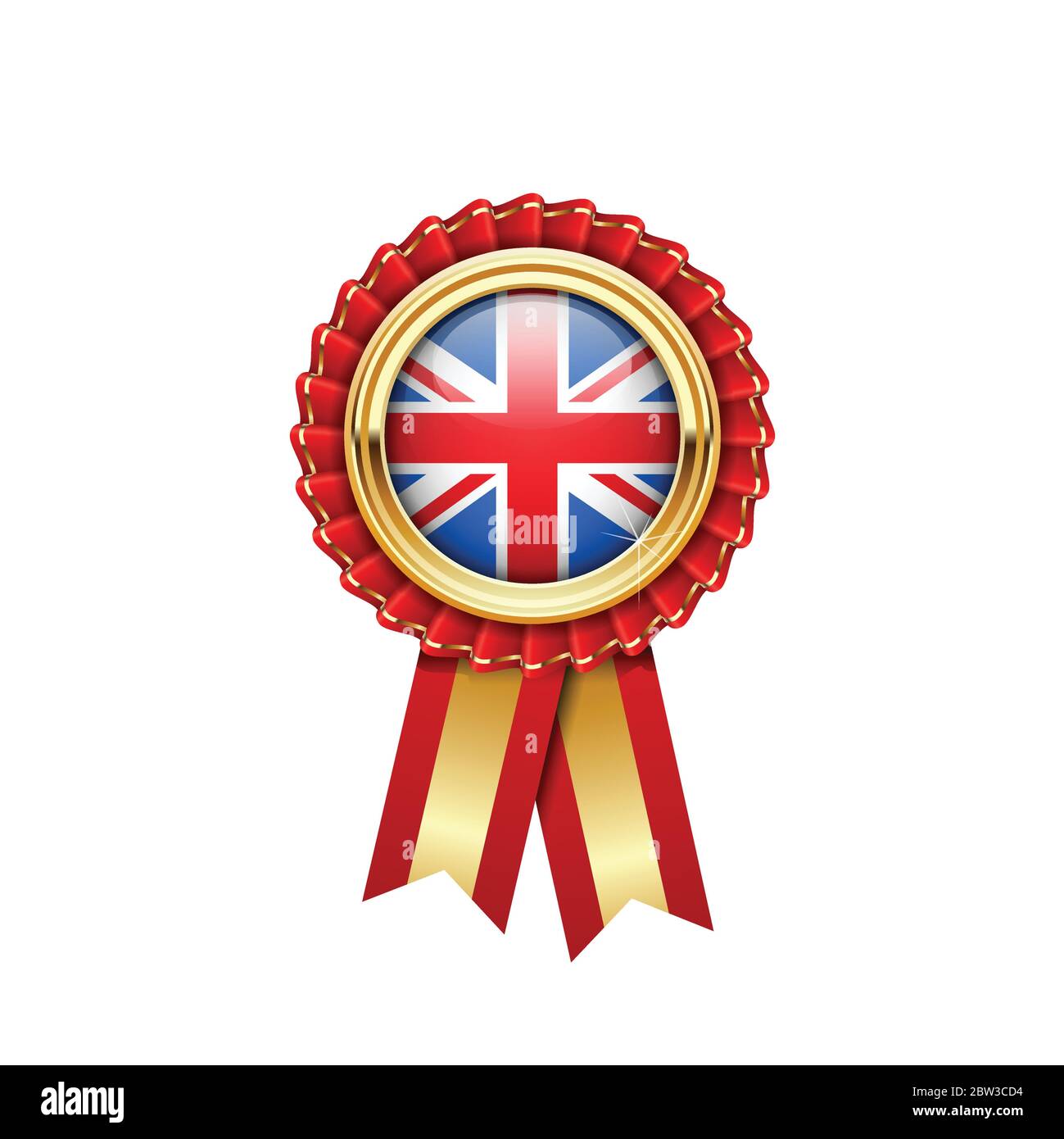 Red rosette with Great Britain flag in gold badge, Britain award or quality symbol Stock Vector