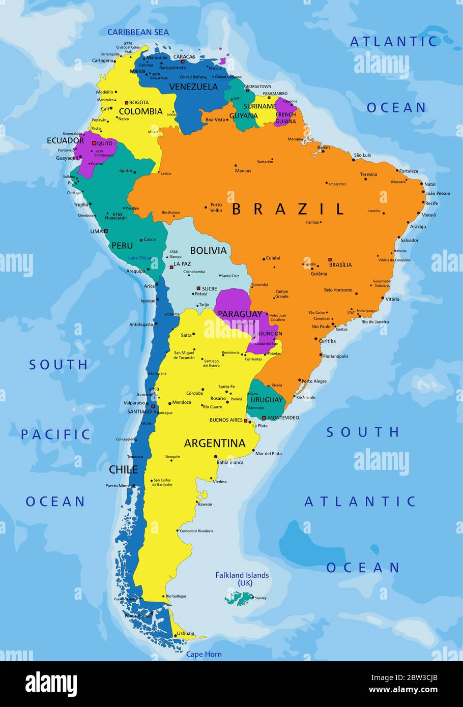 Colorful South America Political Map With Clearly Labeled Separated