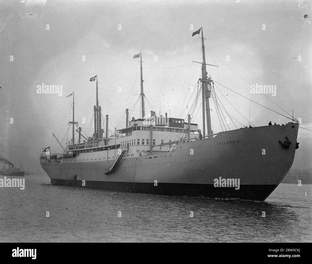 The Danish ship ,  Jutlandia  on the Thames at Tilbury which carried the King and Queen of Denmark arriving for the royal wedding . 26 November 1934 Stock Photo