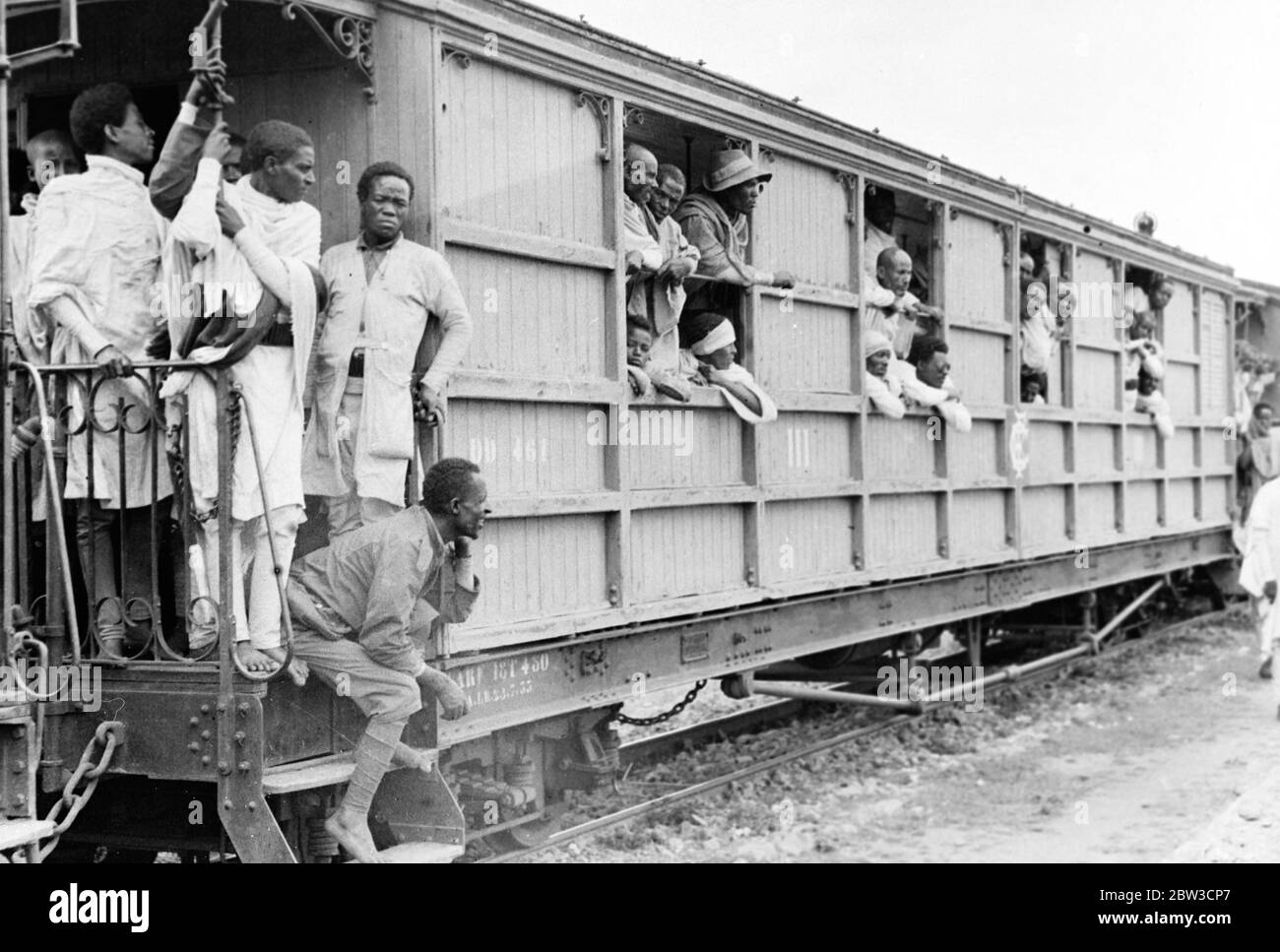 Abyssinian troops rushed to Somaliland frontier as zero hour approaches in Italo - Abyssinian dispute . A train load of troops leaving Diradawa near the Ogaden frontier where hostilities were expected to break out first . 20 September 1935 Stock Photo