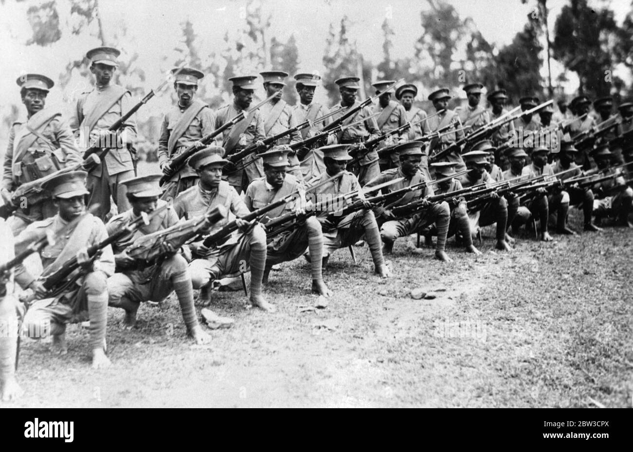 Abyssinians exchange sabres for bayonets . Abyssinian soldiers being trained to bayonet fighting at a depot near Addis Ababa . 23 September 1935 Stock Photo
