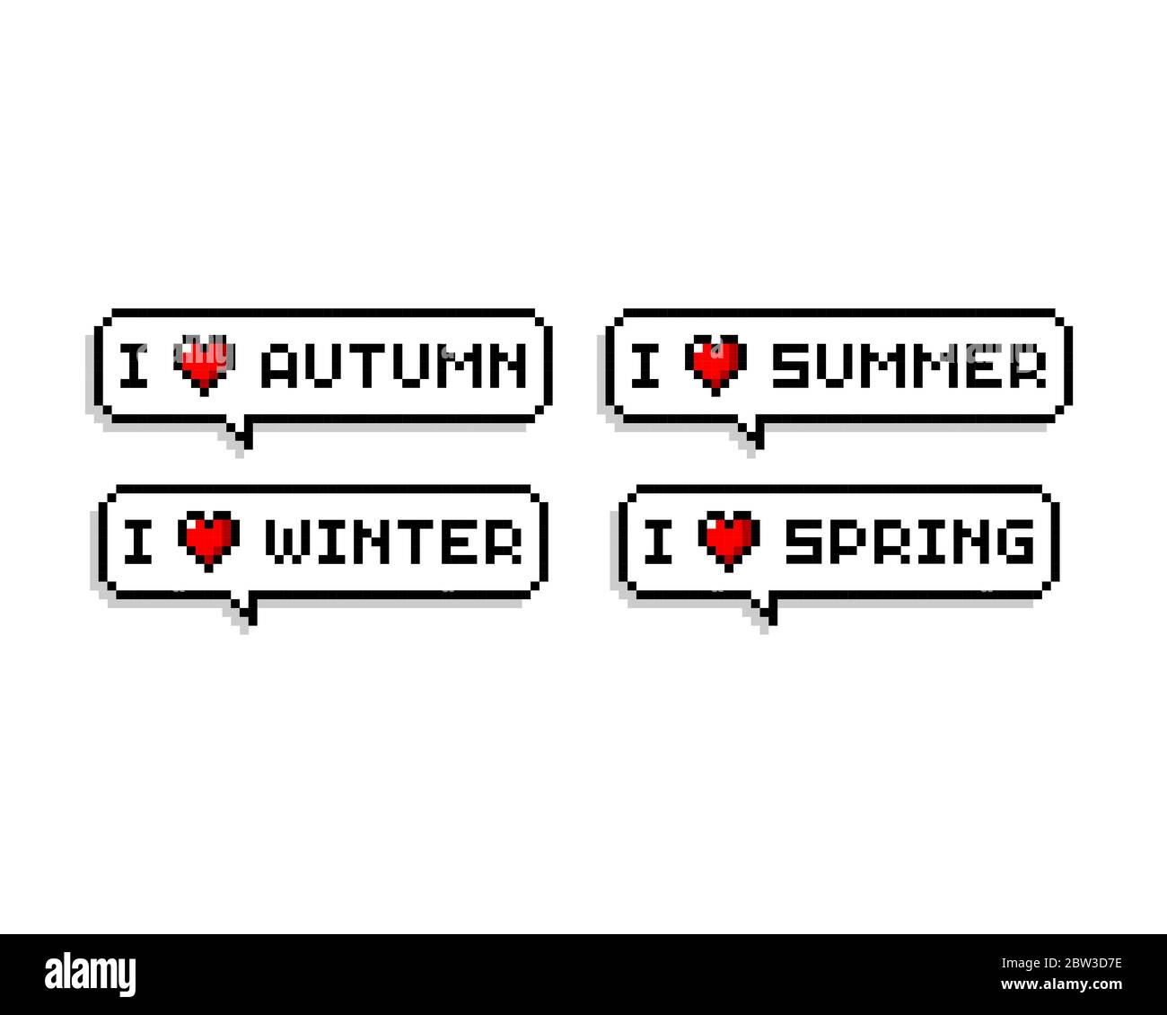 Pixel art speech bubbles set saying i love summer/autumn/winter/spring ...