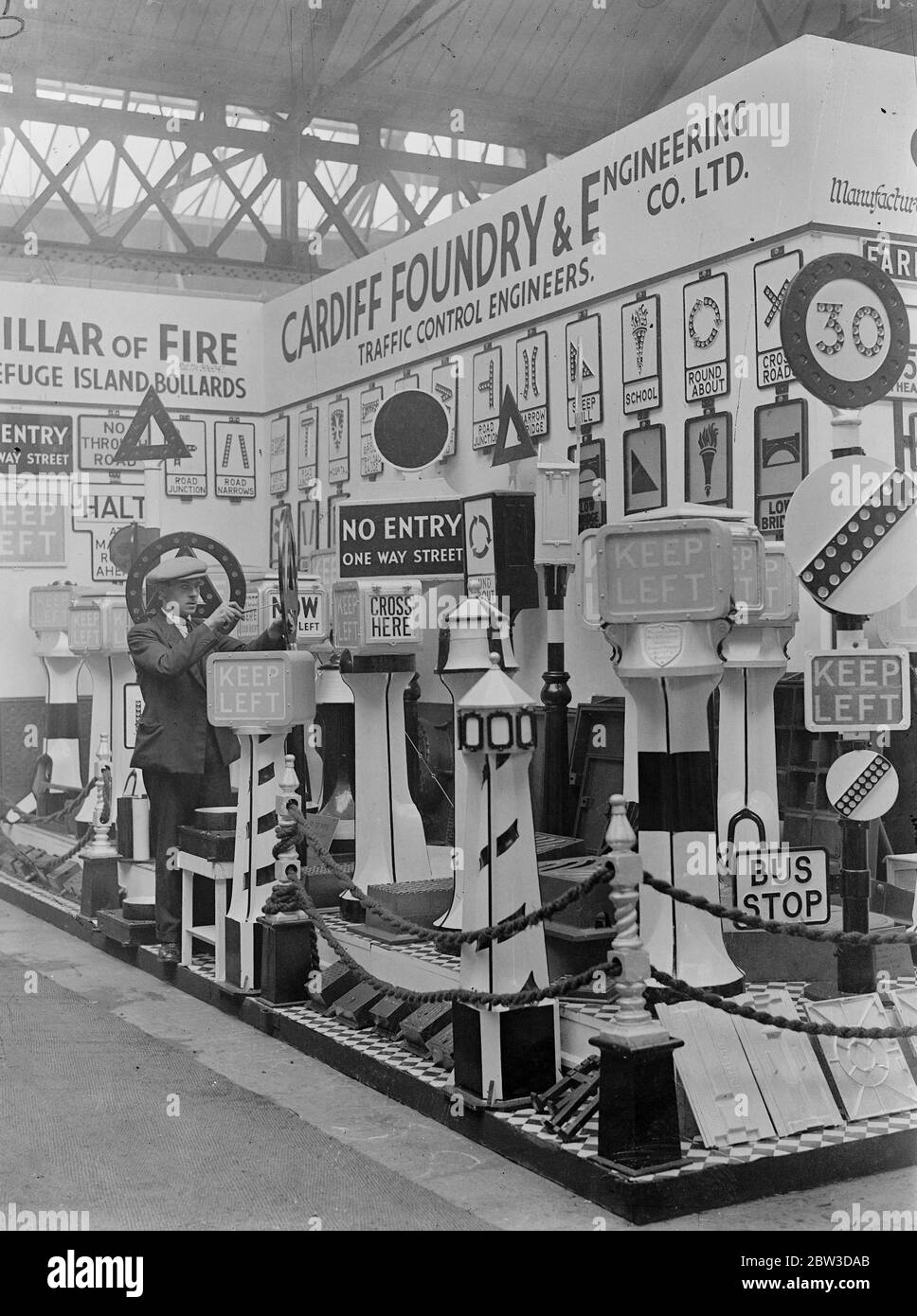 Motorists nightmare at Public Works Exhibition at the Royal Agricultural Hall , Islington . A collection of road signs calculated to give motorists an idea of what a modern inquisition would be like . 18 November 1935 Stock Photo