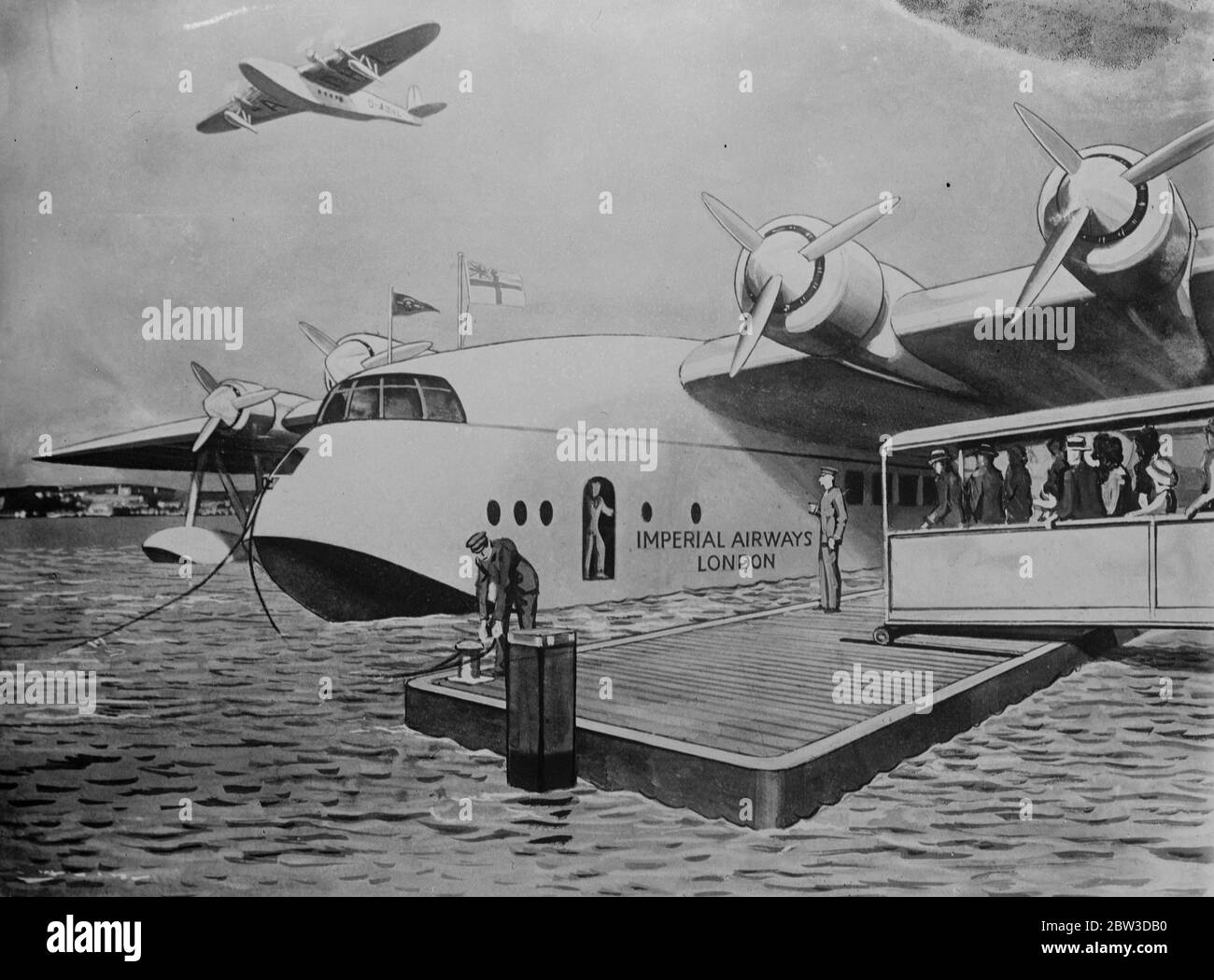 Great new flying boats for Empire air routes . fleet of great new Empire type flying boats is being built for Imperial Airways to be operated on the accelerated schedules which are planned to come into force on the British Empire air routes in 1937 . Photo shows , a drawing of one of the the flying boats . 12 November 1935 Stock Photo
