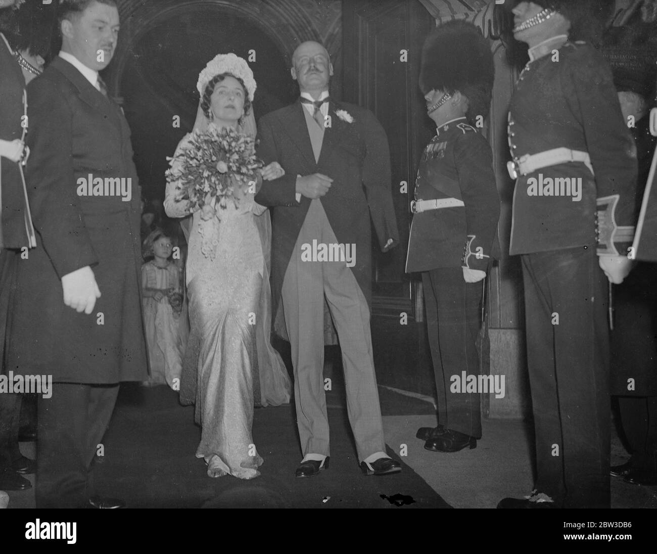 Viscout Gough married in Guards , Chapel . The wedding of Lieutenant Colonel Viscount Gough M C to Miss Margaretta Elizabeth Mayon Wilson took place at the Guards Chapel . Photo shows , the bride and groom . 12 November 1935 Stock Photo