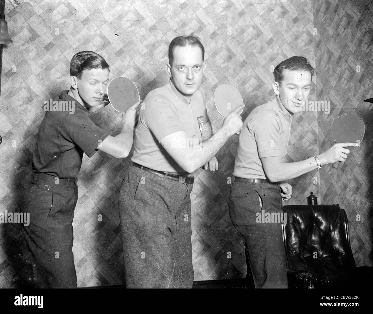 US table tennis champions Jimmy McClure , William Stewart , Sol Cliff . January 1935 Stock Photo