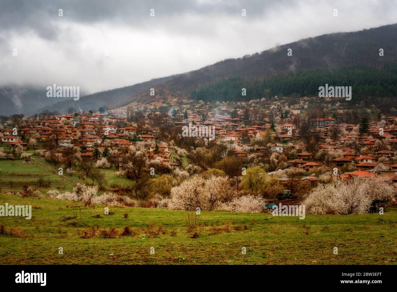 Spring view at Zheravna, Bulgaria. Architectural reserve of rustic houses and narrow cobbled streets from the Bulgarian national revival period. Stock Photo