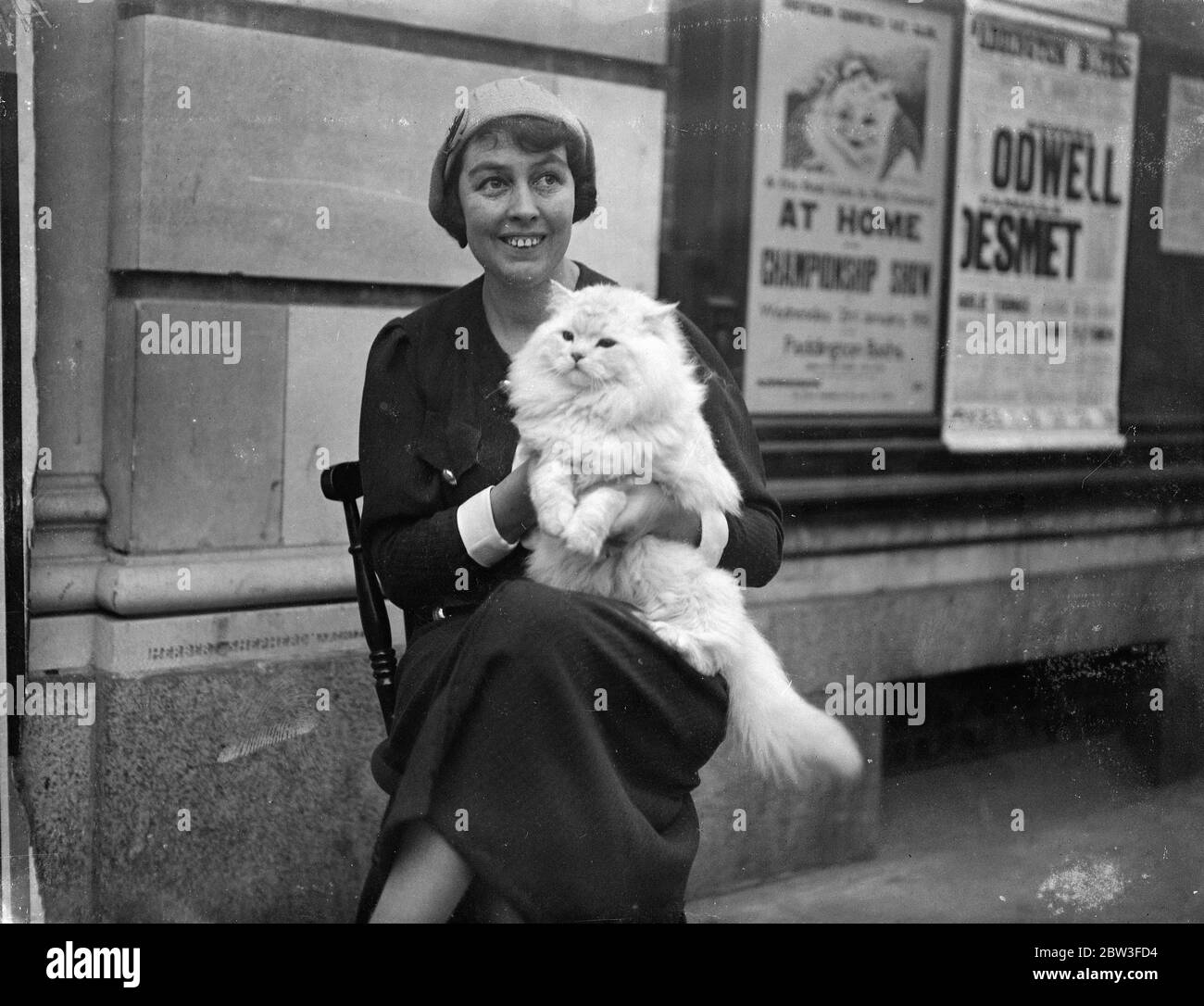 Chinchilla cat makes a habit of ' firsts ' at Southern Counties Cat show . Photo shows ; Mrs R Davies with her Chinchilla cat ' Davies Ancherin Jumbo ' . 23 January 1935 Stock Photo