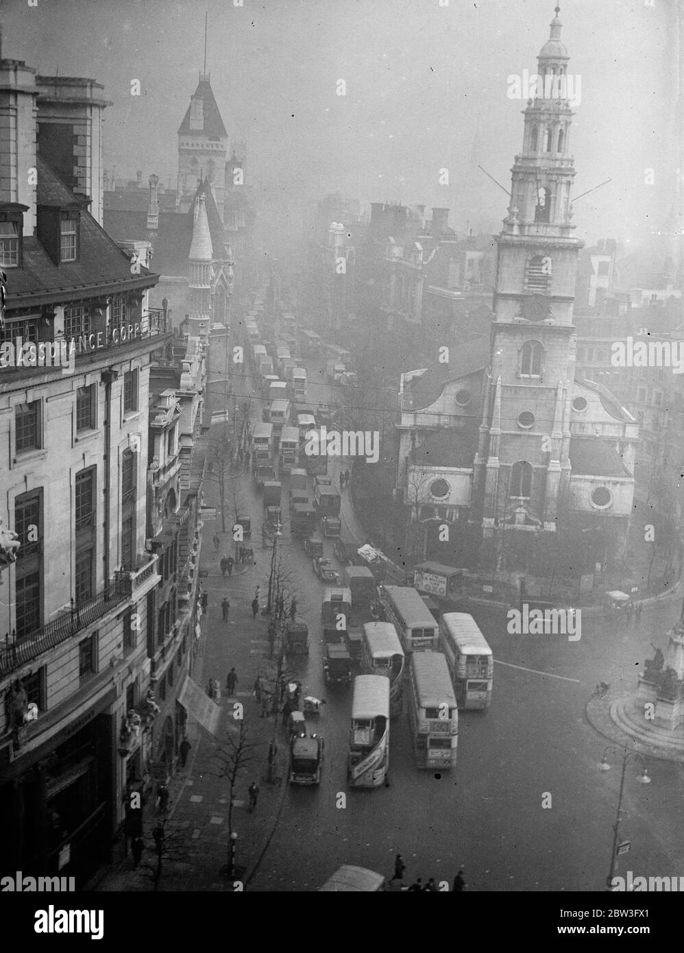 Traffic jam in Strand and Fleet Street . One of the worst jams seen in London for months brought traffic to a virtual standstill all the way from Ludgate Circus to the Strand . Photo shows , a view of Fleet Street from the Strand at the height of the jam . 4 February 1935 Stock Photo