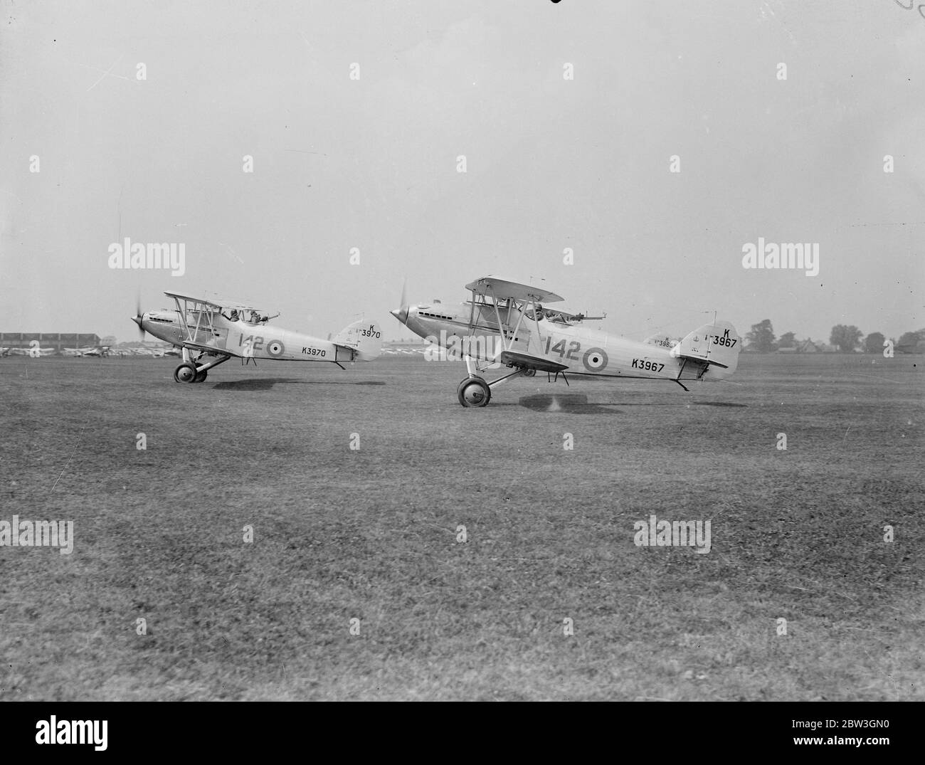 Hawker Hart medium bombers at RAF Mildenhall , in preparation to welcome King George V, who is to come to the base to conduct the first ever Royal Review of the RAF on July 6, of assembled over 356 of its combat aircraft, and made up of 38 squadrons . 2 July 1935 Stock Photo