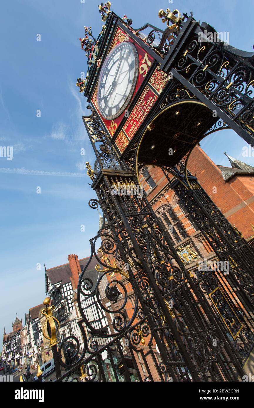 City of Chester, England. Picturesque view of the John Douglas designed Eastgate Clock, on top of the Eastgate section of the City Wall. Stock Photo