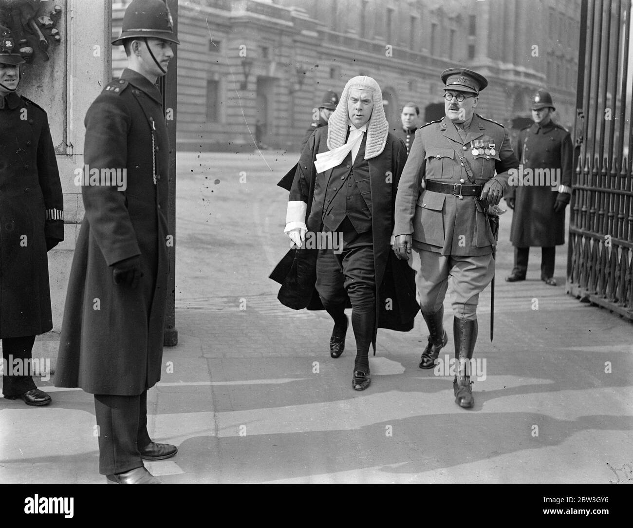 For only the third time in 50 years a Levee was held at Buckingham Palace . The levee council is meeting at St James Palace , the King decided to hold the Levee at Buckingham Palace instead . Photo shows , Captain John Stevenson and Mr A J Ersking Hill , KC , MP , leaving after the levee . 18 March 1936 Stock Photo