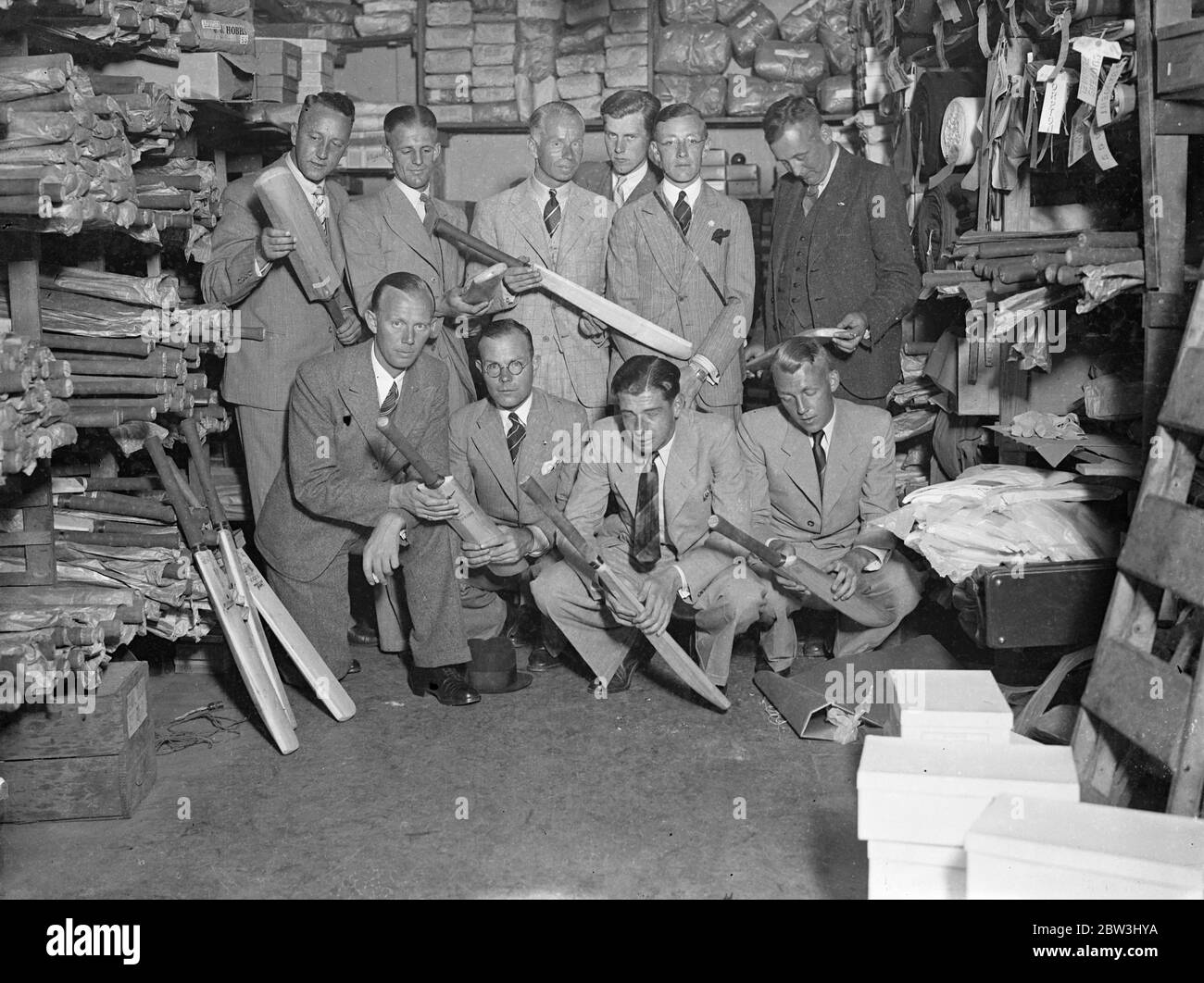 First Dutch Cricket Team Arrives To Play Matches In England . For the first time a Dutch cricket team is to play a series of matches in England . Sponsored by Mr . R . C . Ingelse , the well - known Rotterdam sportsman , members of the team , many of whom are on their summer holidays , have arrived in London . Although there is no professionalism in Holand , cricket has become extremely popular . Matches are played on matting . Photo shows : The Dutch cricket team chosing gear in Jack Hobs ' sports shop in Fleet Street . 27 Jul 1936 Stock Photo