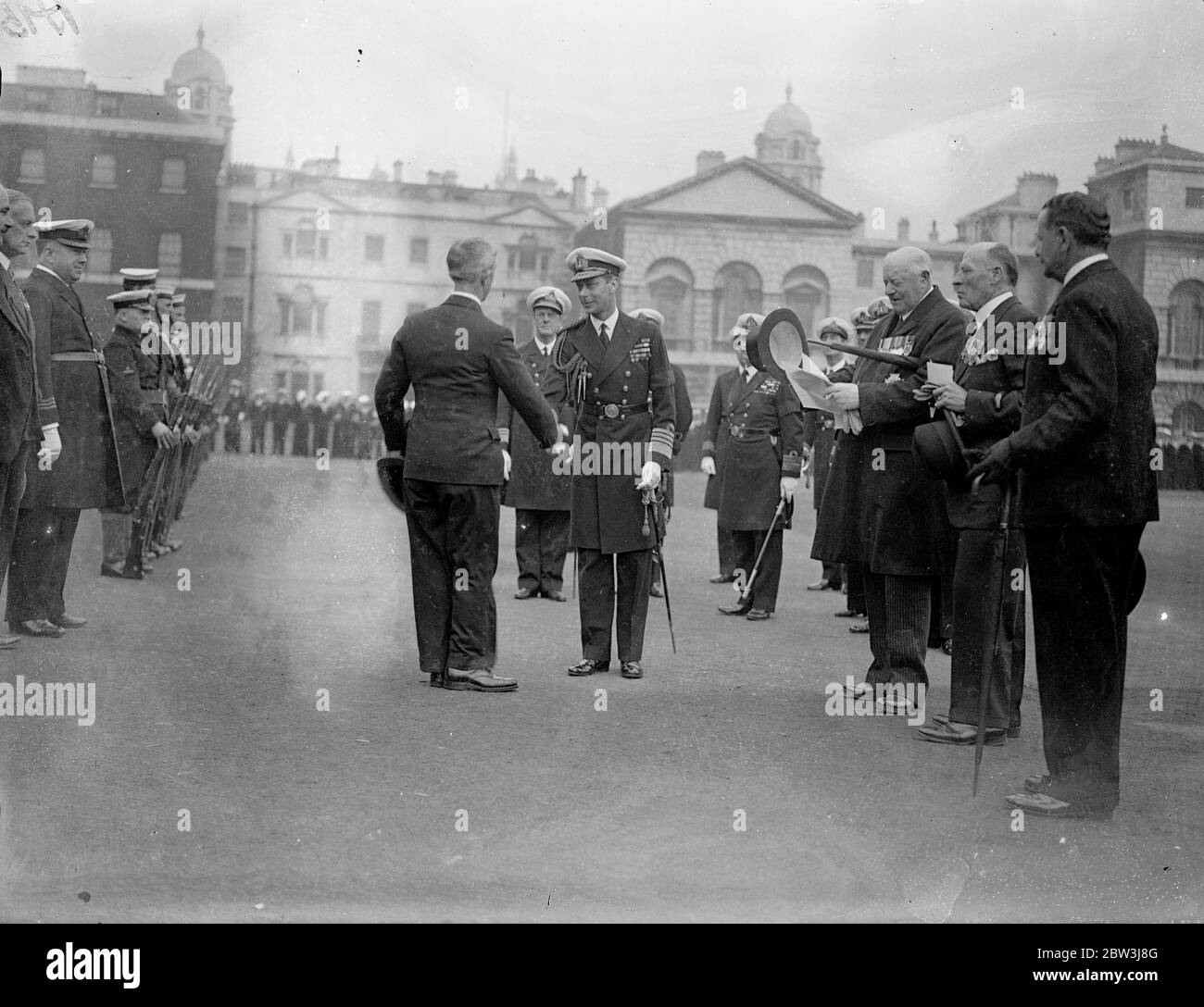 Duke of York inspects Royal Naval Volunteer Reserve Association on Horse Guards . The Duke of York , as an Admiral , inspected members of the Royal Naval Volunteer Reserve Association on the Horse Guards Parade , Whitehall . Photo shows , Veterans being presented to the Duke of York . 9 May 1936 Stock Photo