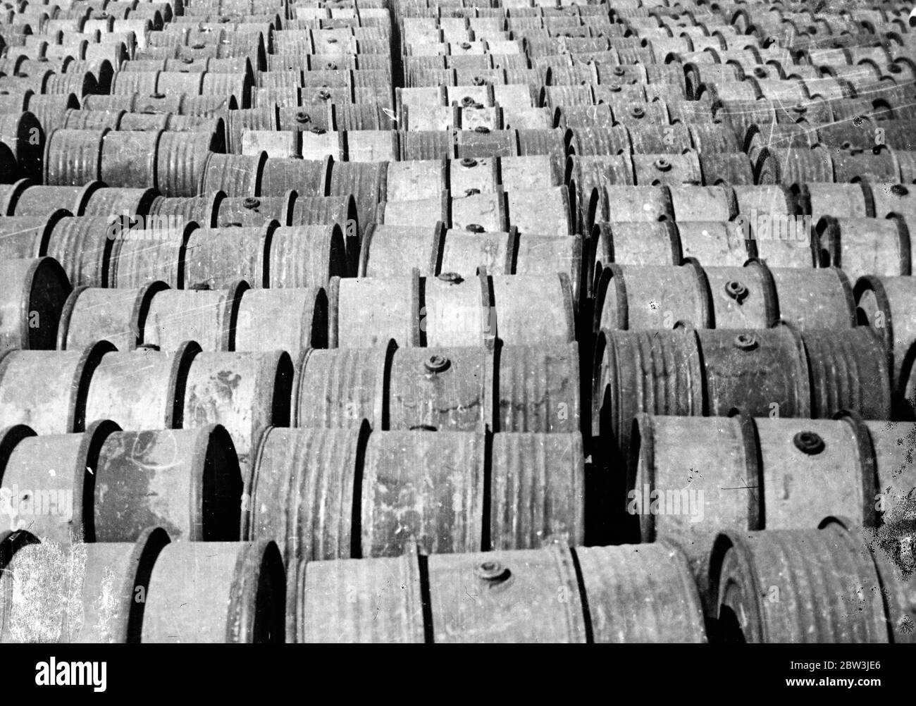 Oil for the wheels of war . Italy lays in vast stores behind battlefront . The vast reserve of oil stored in drums near Massawa ready for use in the war against Abyssinia . 9 January 1936 Stock Photo