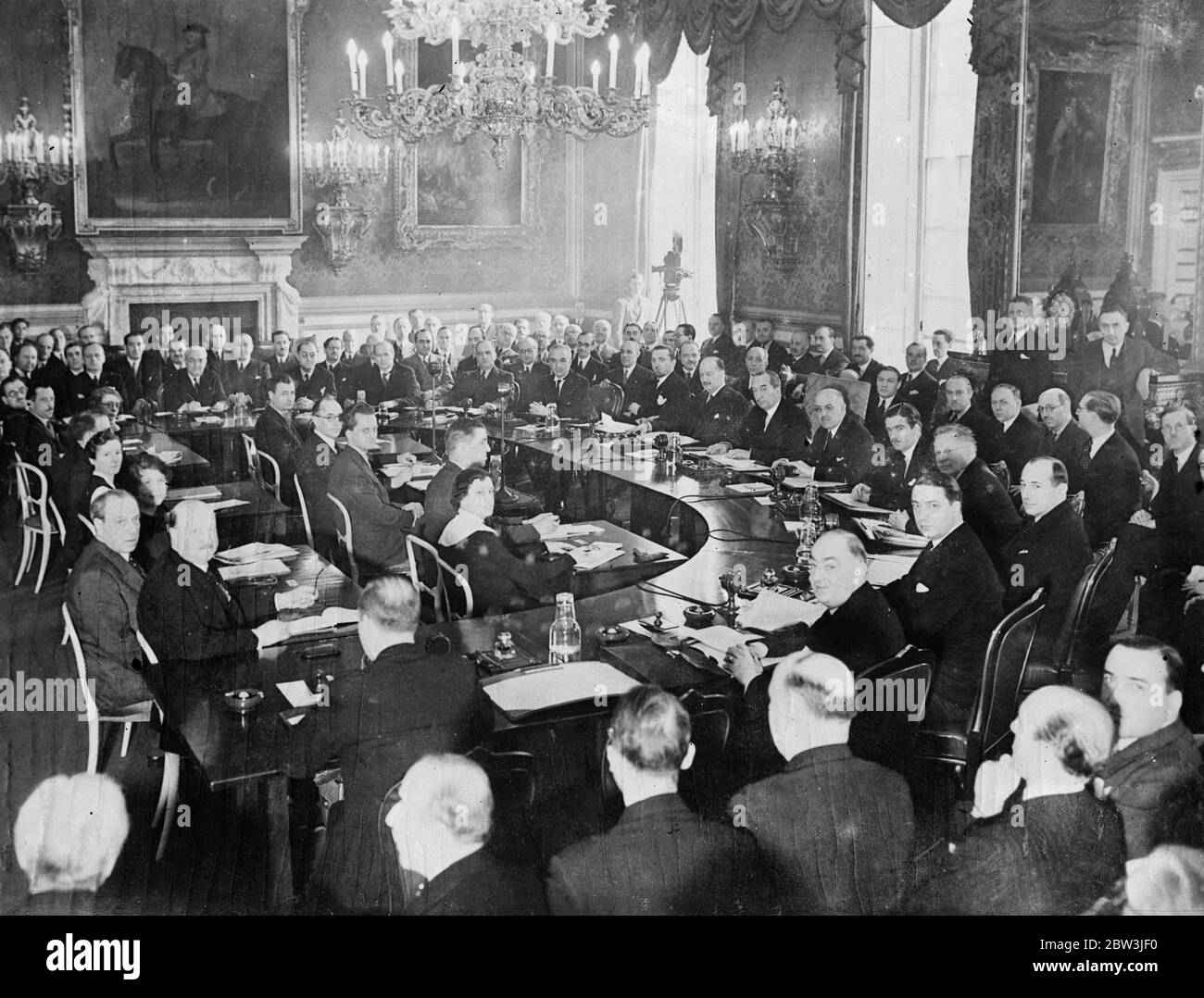 German delegate tells League Council Locarno is  dead  . The meeting of the League Council with Germany represented for the first time since 1933 . The German delegates are seated near the wall at the left end of the table . Herr von Ribbentrop has arms folded . 19 March 1935 Stock Photo