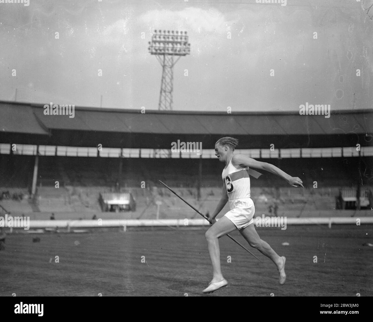 Public school sports open at White City . The public schools , Challenge Cup meeting for 1936 opened at the White City stadium , London , under the suspices of the London Athletic Club . Photo shows , G A Philipp ( Salem , Germany ) throwing the javelin in Pool 2 . 17 April 1936 Stock Photo
