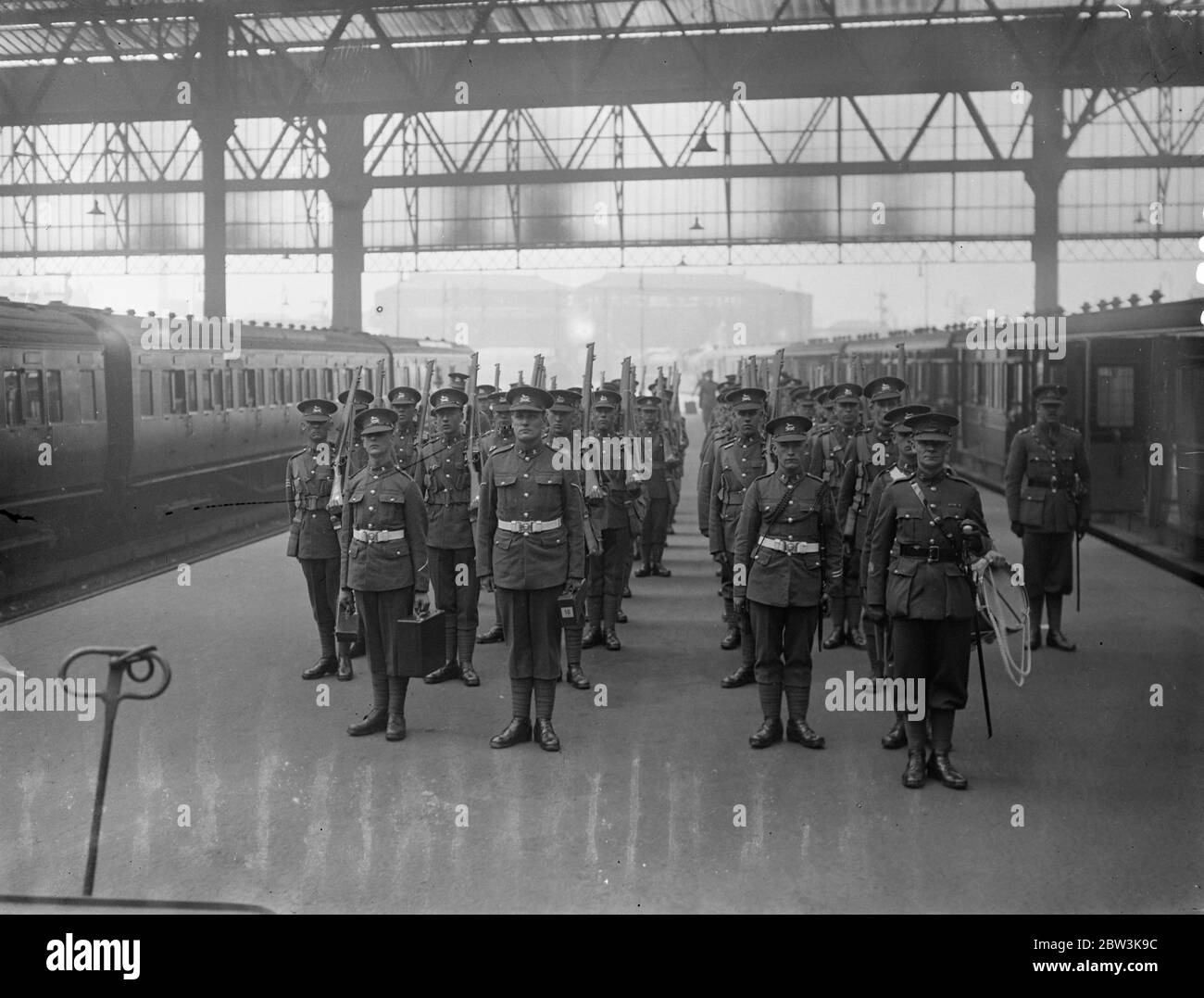 Advance Guard of 2 West Yorks arrive for Tower duty , men the king praised . The advance guard of the 2 Battalion the West Yorkshire Regiment ( the Prince of Wales Own ) arrived at Waterloo Station from Aldershot and marched to the Tower of London . The battalion is to relieve the 1 Welsh Guards atthe Tower . It is thought that its selection for Tower Duty , which is regarded as a high honour , is due largely to the fine bearing and marching of the battalion at King George ' s Silver Jubilee Review last summer . King Edward , then Prince of Wales , commented at the time ' They march like the G Stock Photo