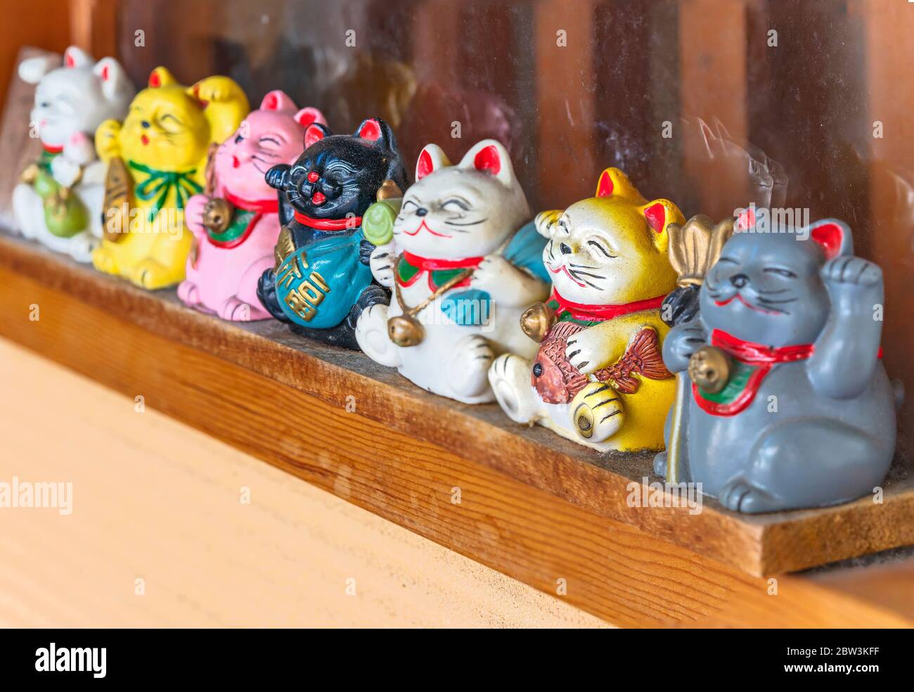 tokyo, japan - march 31 2020: Manekineko lucky cats depicting the seven gods of happiness Bishamonten, Ebisu, Daikokuten, Hotei, Jurojin, Benzaiten an Stock Photo