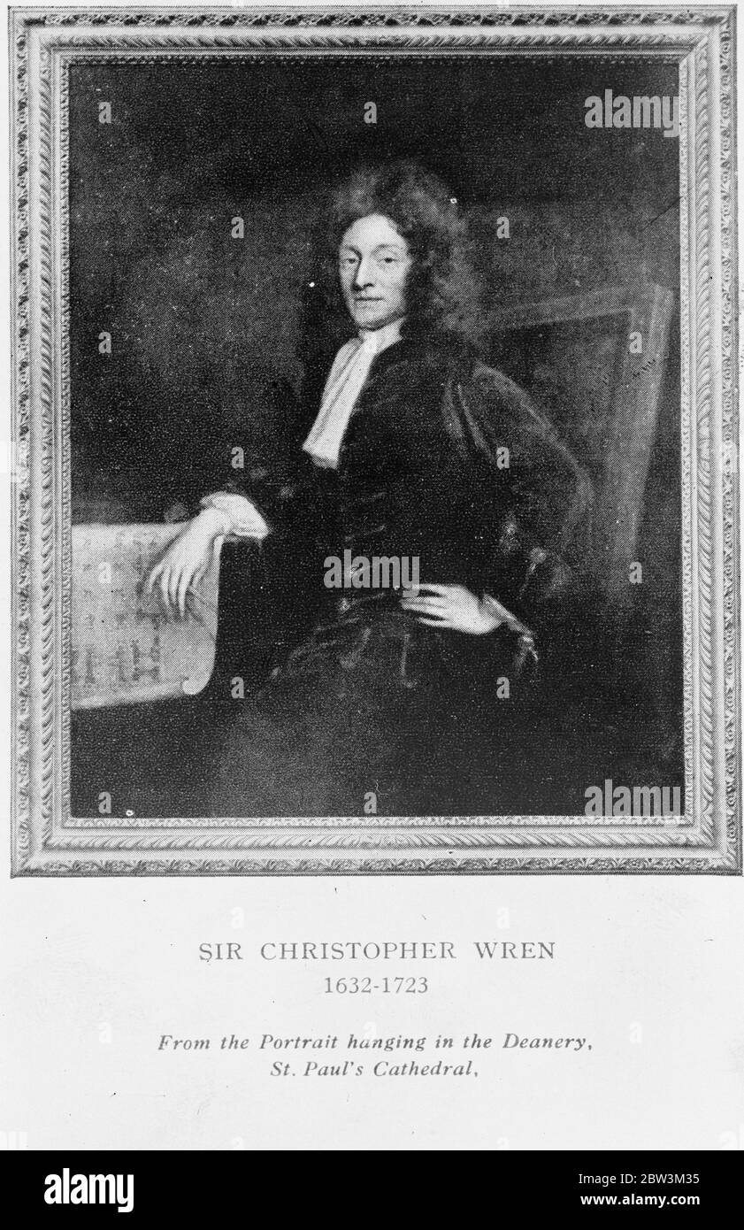 A portrait of Sir Christopher Wren hanging in the Deancry at St Paul ' s Cathedral . 22 September 1935 Stock Photo